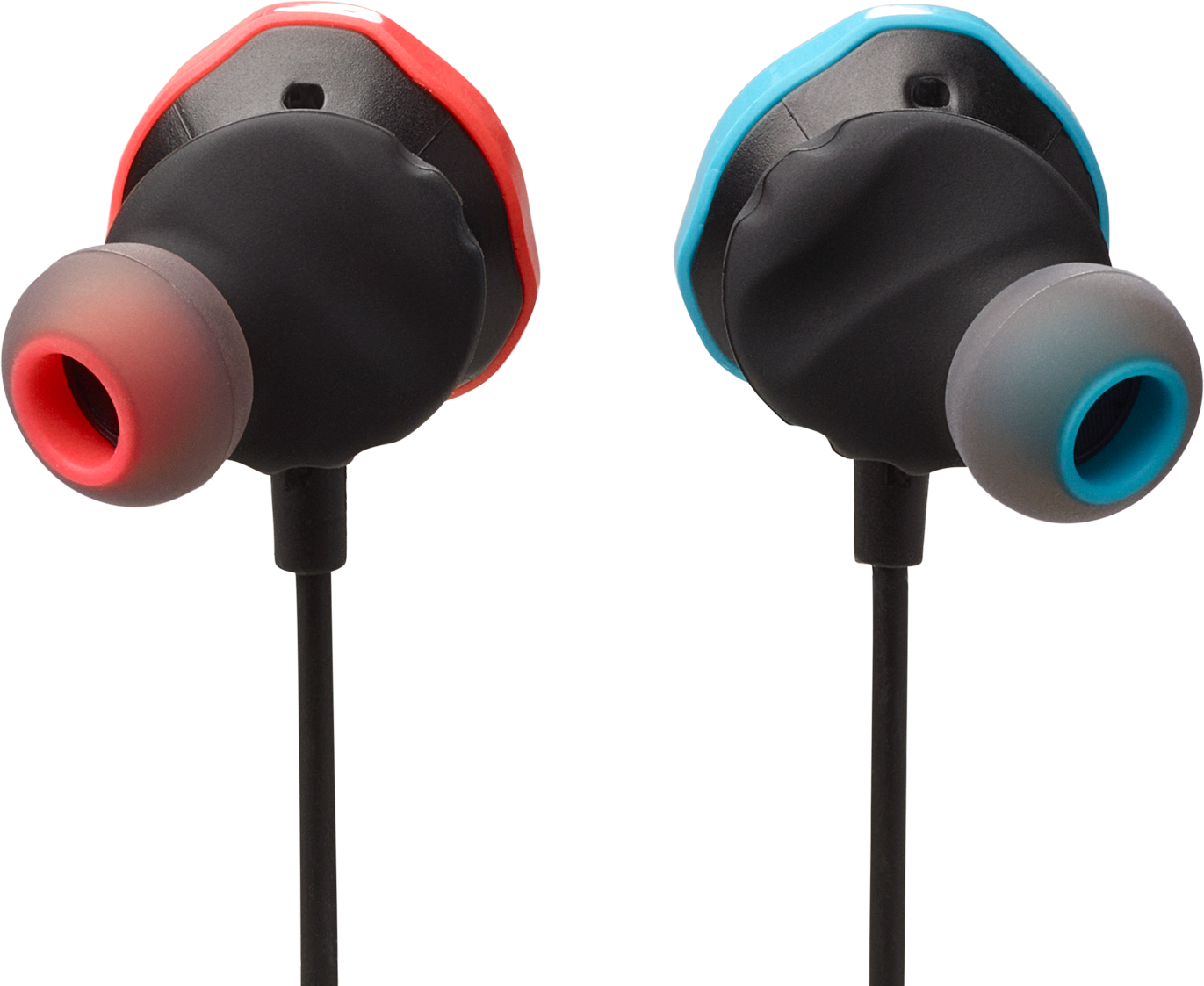 Deux écouteurs intra-auriculaires noirs avec des accents rouges et bleus sur fond noir.