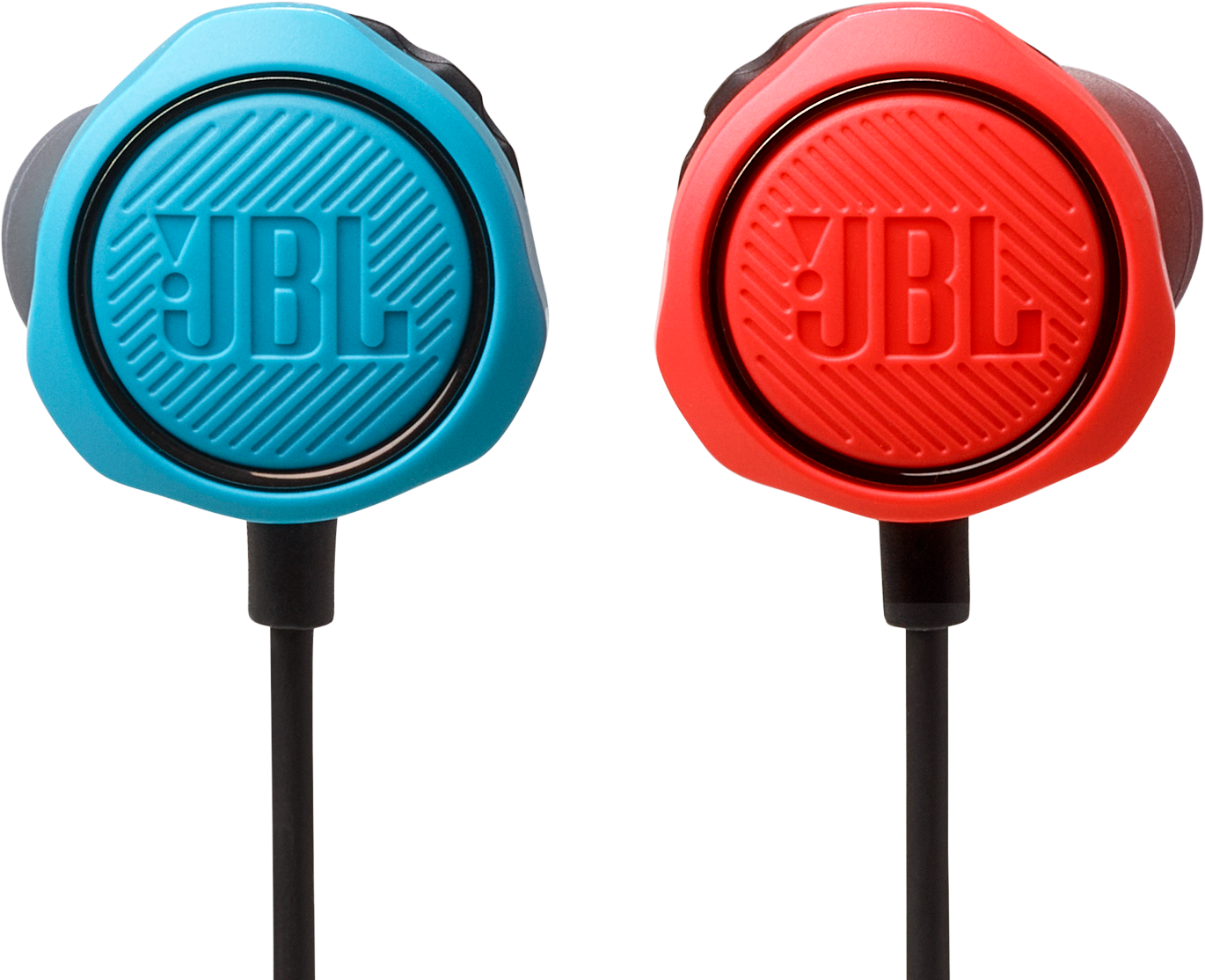 Deux écouteurs JBL, un bleu et un rouge, sur fond noir.