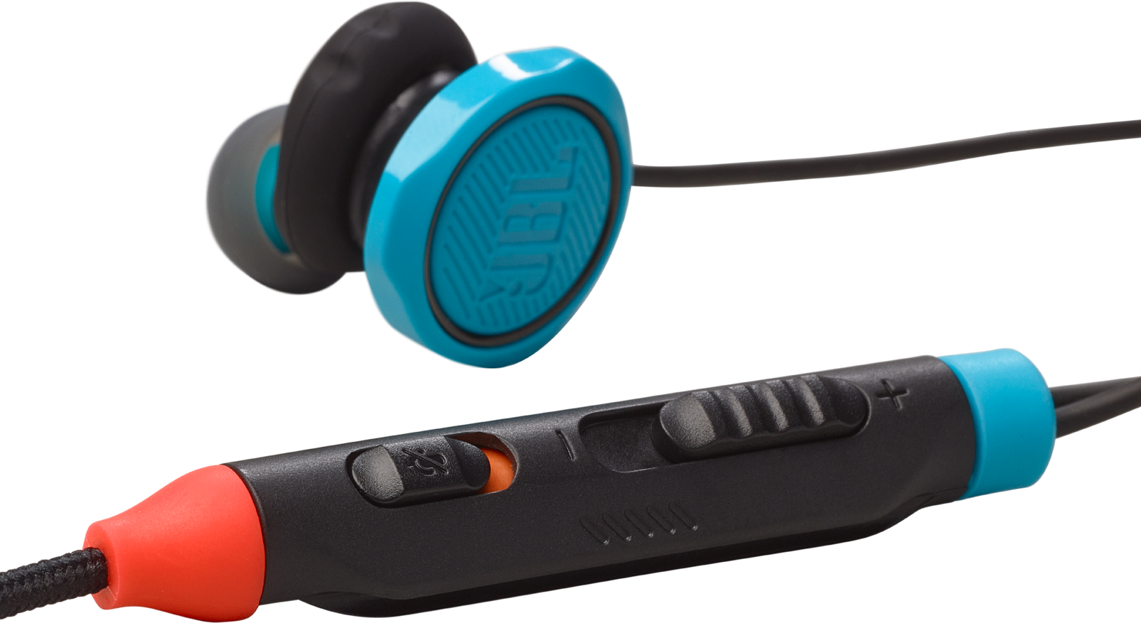 Écouteurs intra-auriculaires JBL bleus et noirs avec télécommande en ligne.