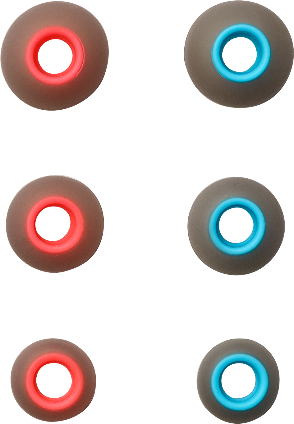 Six embouts d'écouteurs, trois rouges et trois bleus, sur fond noir.