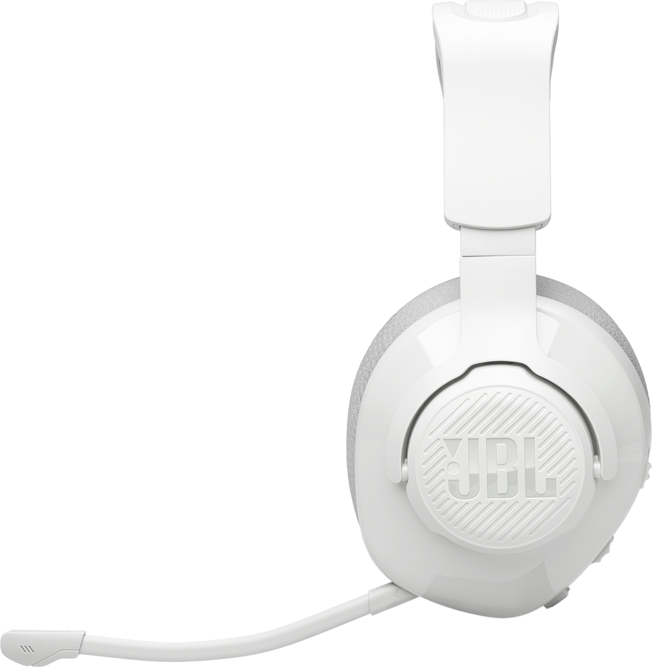 Cuffie JBL bianche con microfono su sfondo nero.