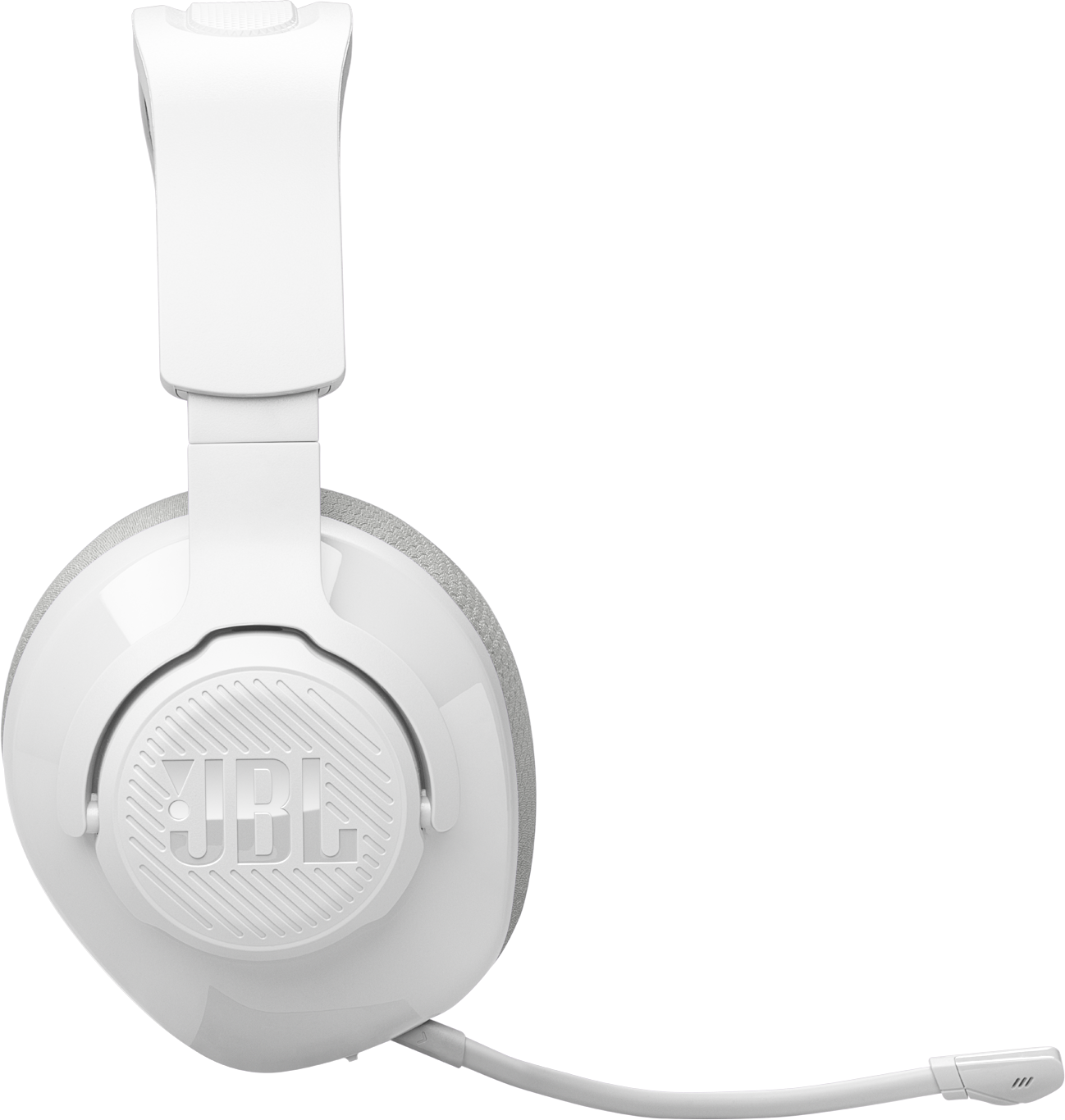 Cuffie bianche con microfono e logo JBL su sfondo nero.