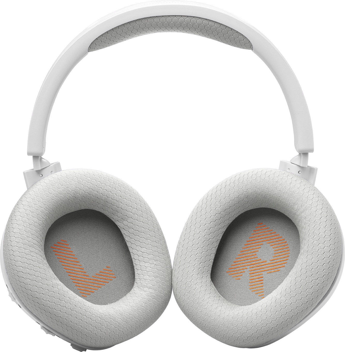 Cuffie bianche con archetto bianco e padiglioni bianchi con loghi L/R arancioni.