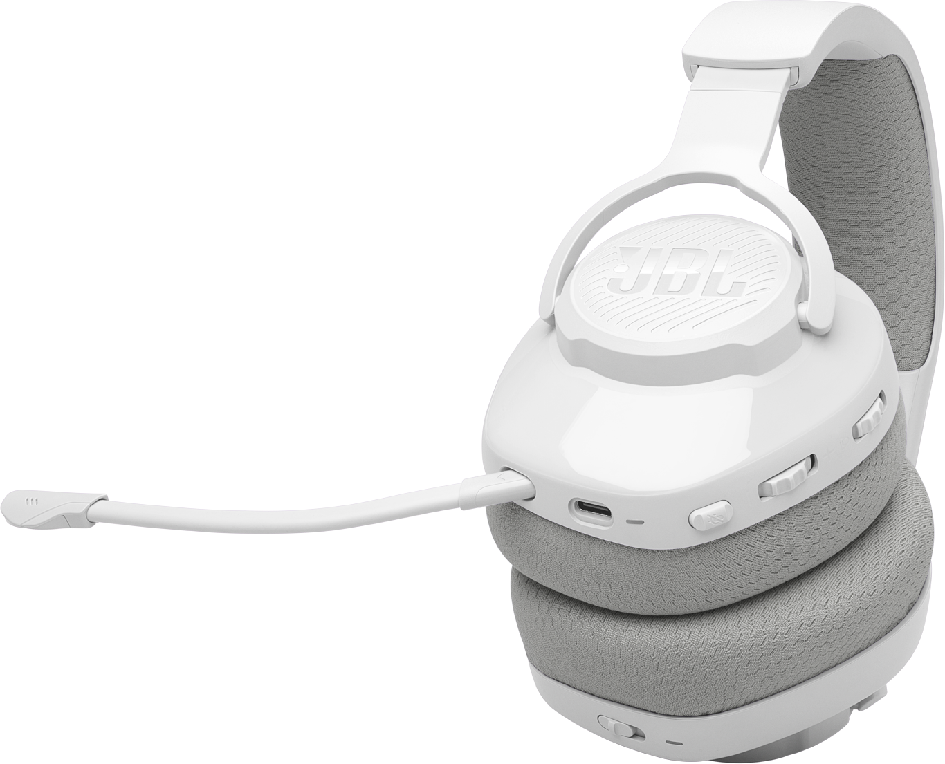 Cuffie JBL bianche con microfono, USB-C e controlli volume.