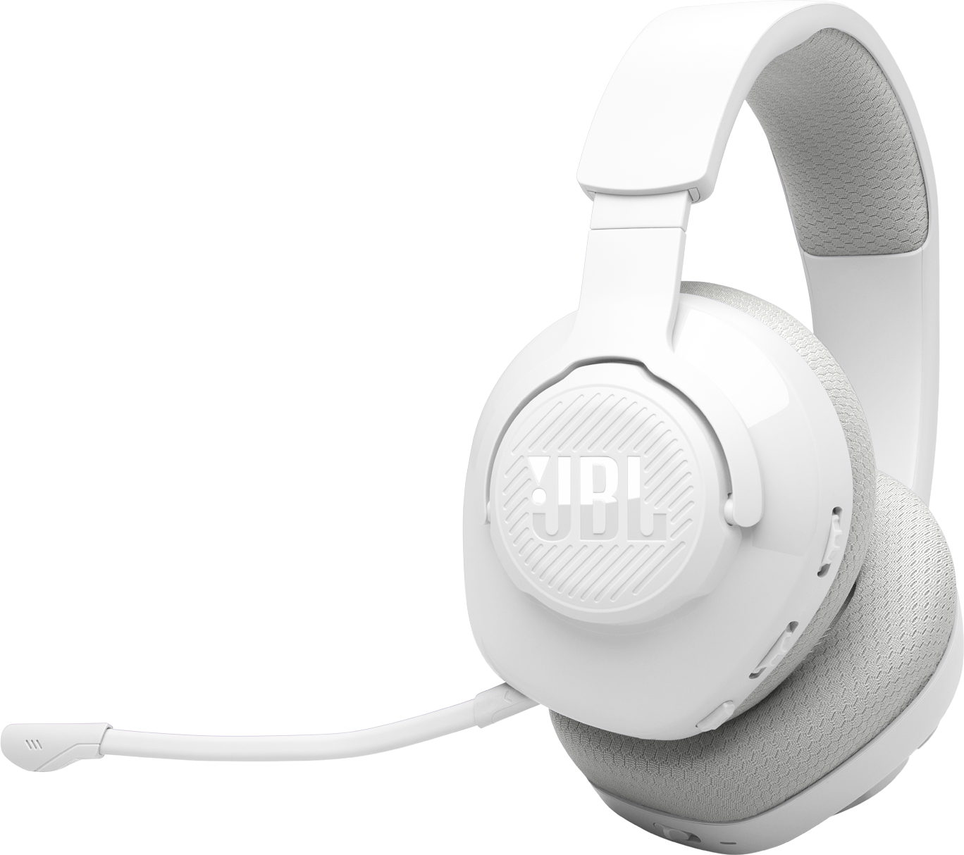 Cuffie bianche con microfono e logo JBL su sfondo nero.