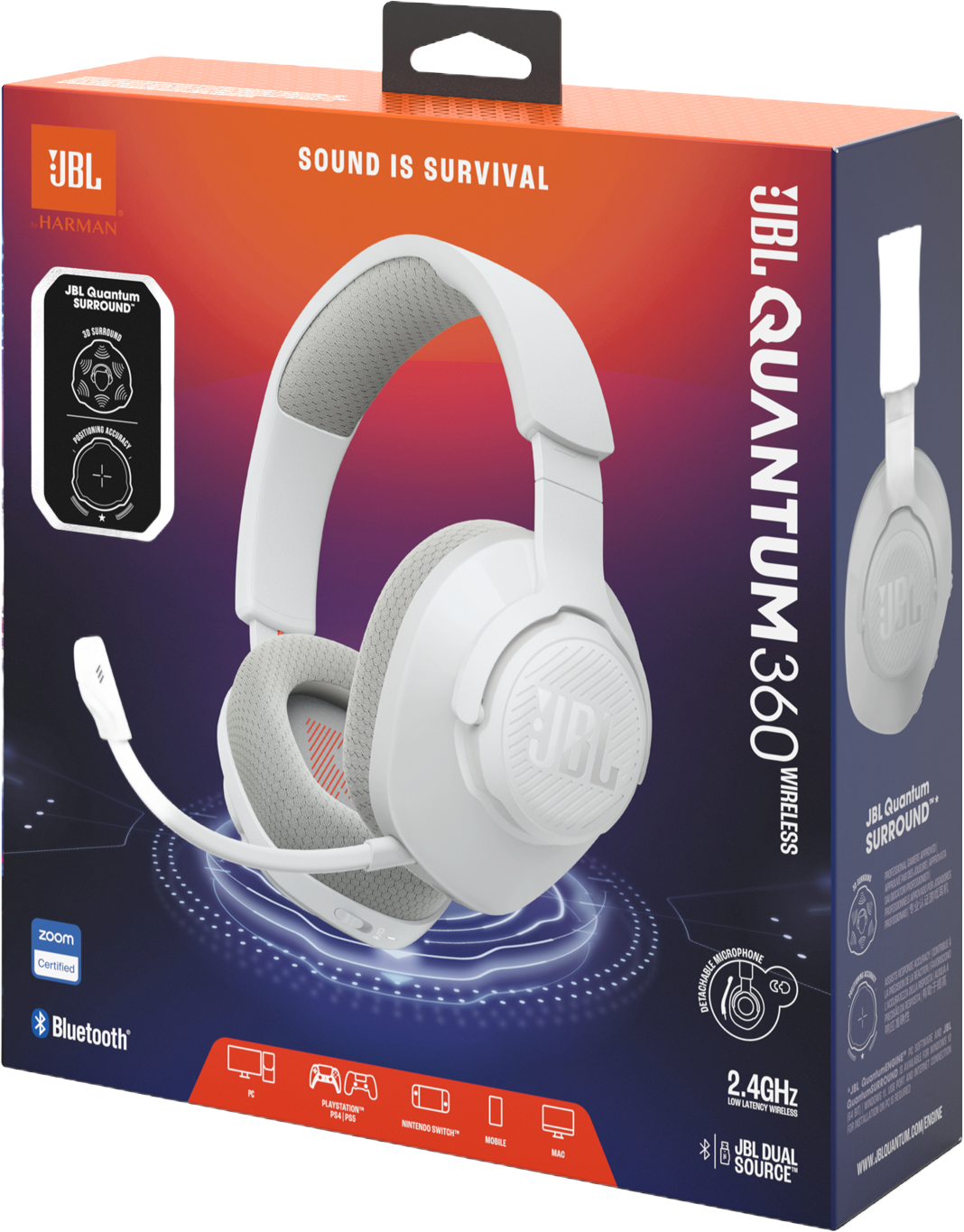 Cuffie wireless bianche JBL Quantum 360 con microfono su confezione.
