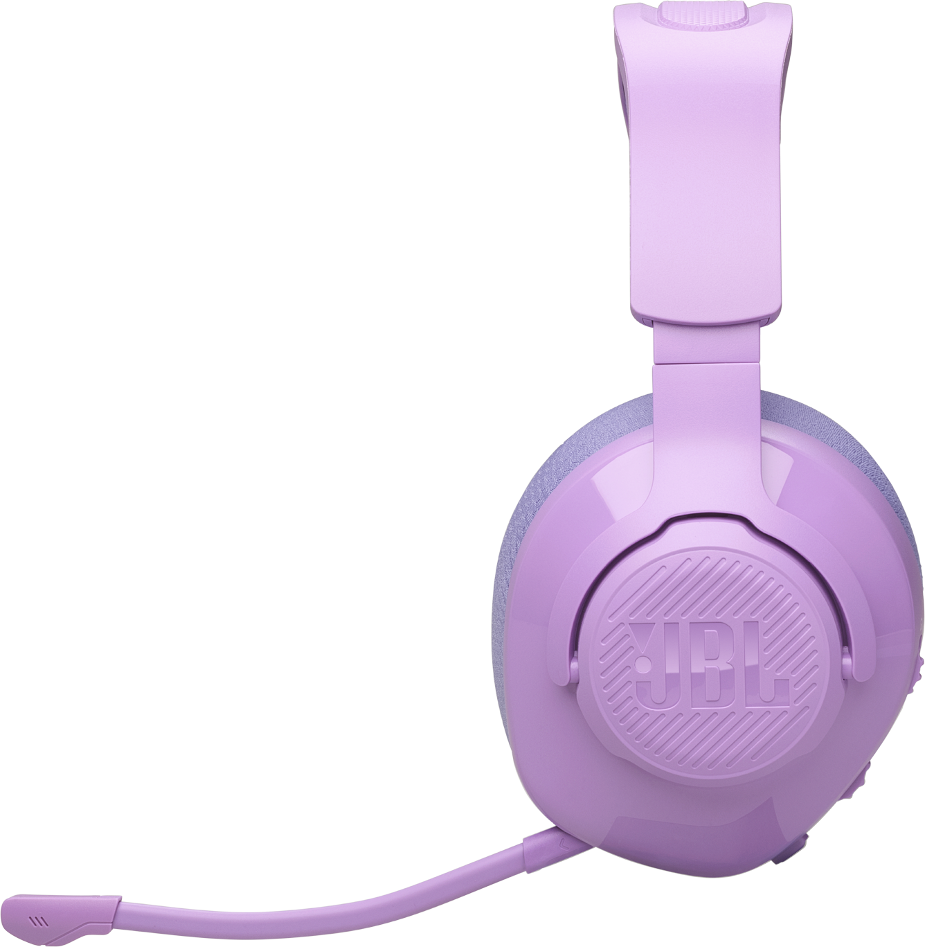 Un auricolare JBL viola con microfono, su sfondo nero.