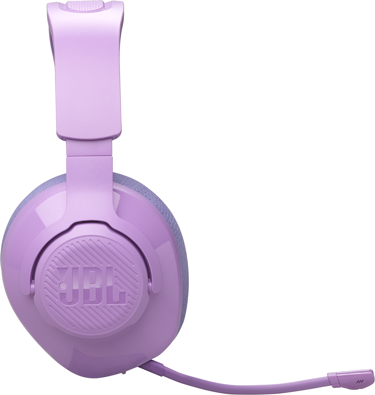 Un auricolare da gaming JBL viola con microfono è mostrato su sfondo nero.