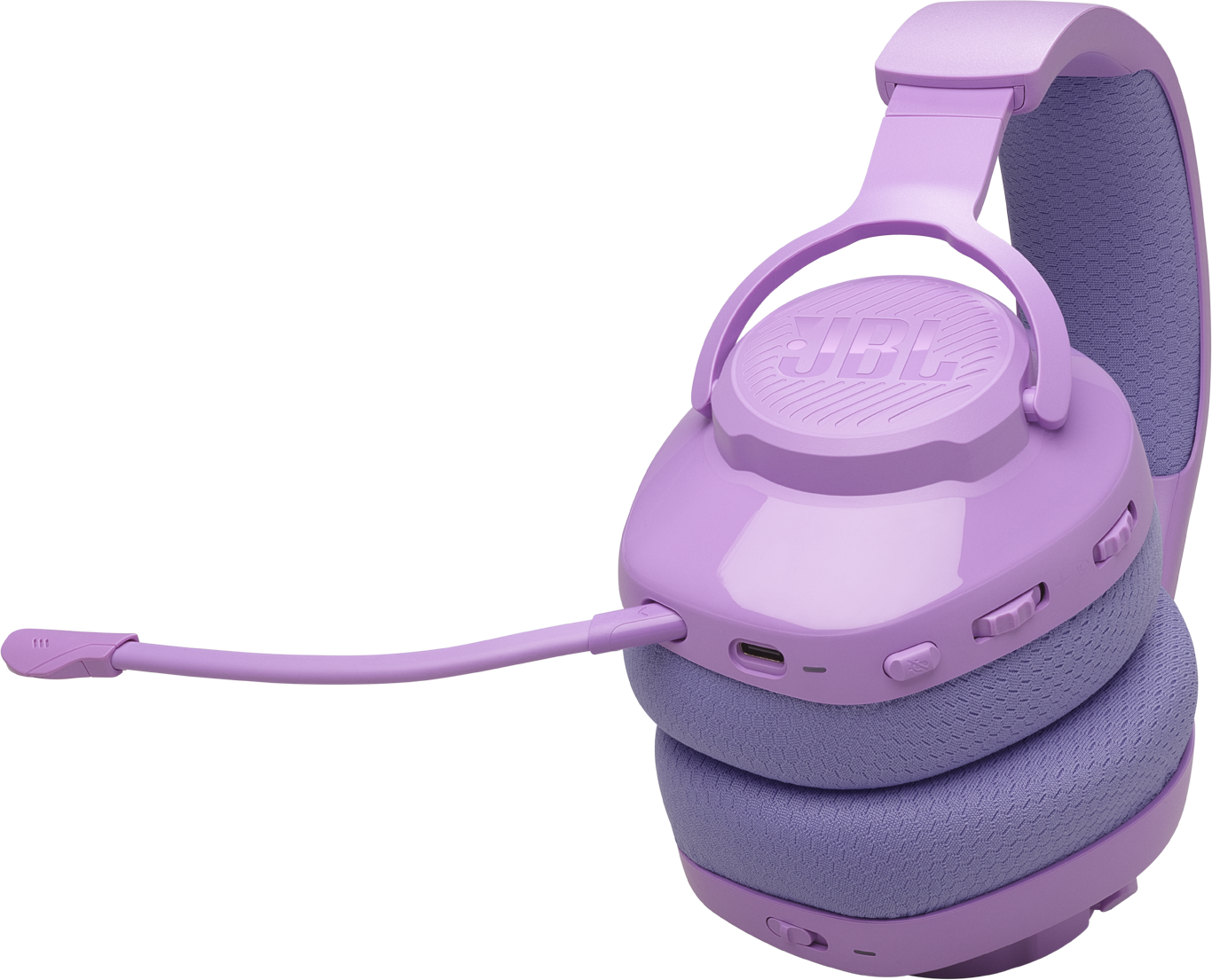 Un headset da gaming JBL viola chiaro con microfono flessibile è mostrato su sfondo nero.
