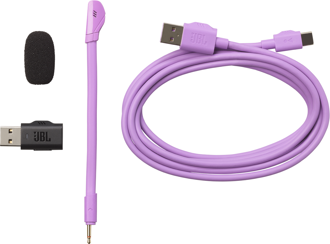 Accessorio microfono viola con adattatore USB e cavo su sfondo nero.