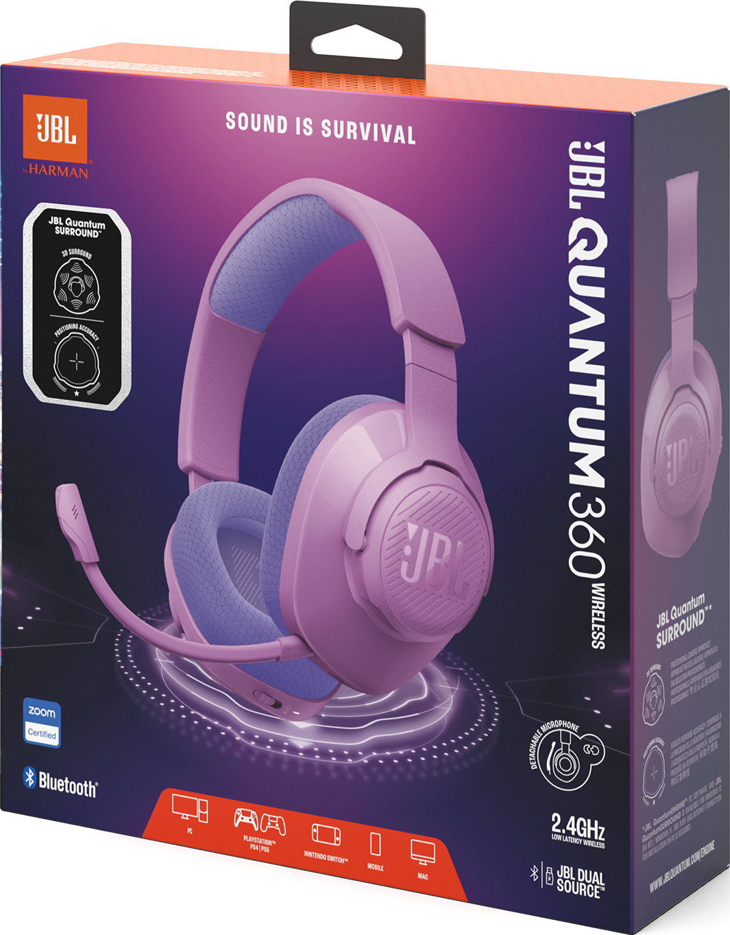 Scatola viola per cuffie da gaming wireless JBL Quantum 360 con immagine.