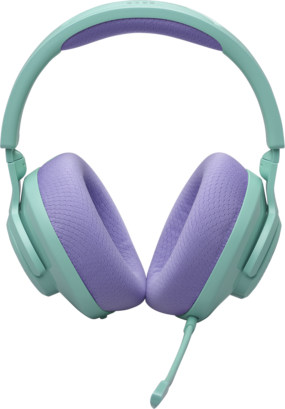 Cuffie verde menta con padiglioni lavanda e microfono.