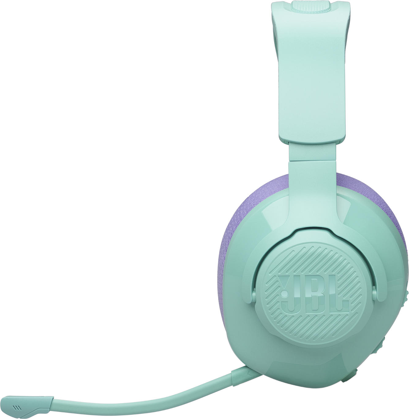 Cuffie verde acqua con microfono e padiglioni viola.