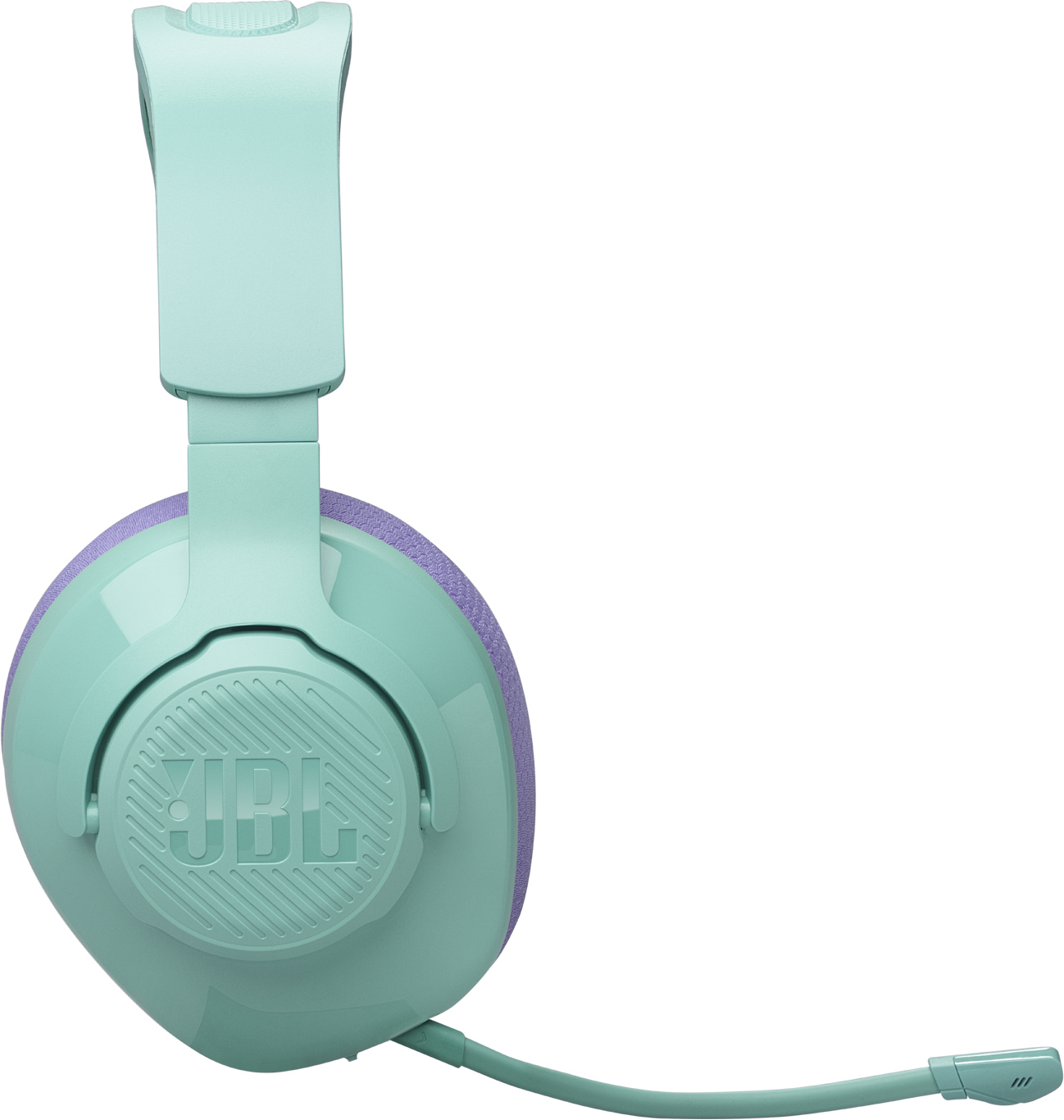 Cuffie verde menta con imbottitura viola e microfono su sfondo nero.