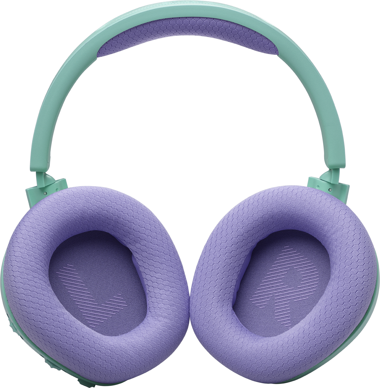 Un paio di cuffie sovraurali verde acqua e viola su sfondo nero.