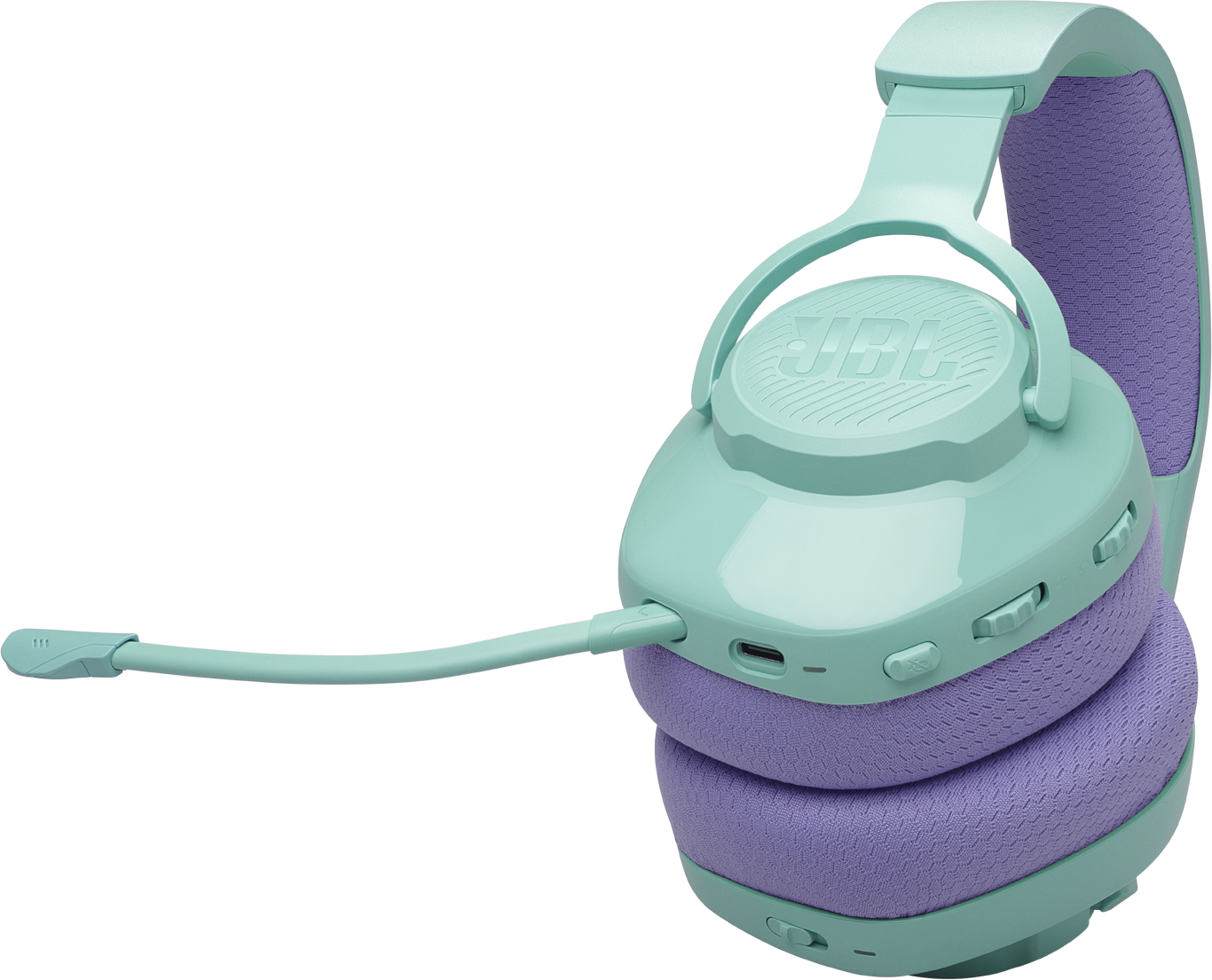 Un paio di cuffie verde menta con accenti viola e microfono.