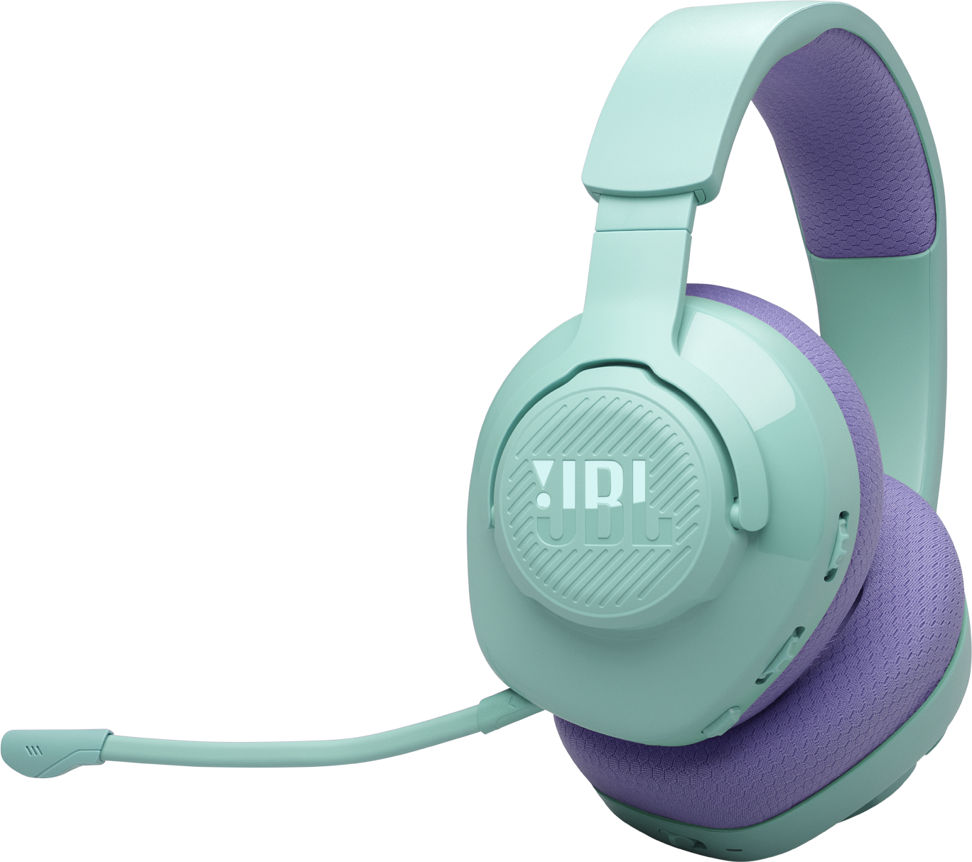 Cuffie verde menta con cuscini viola e microfono su sfondo nero.