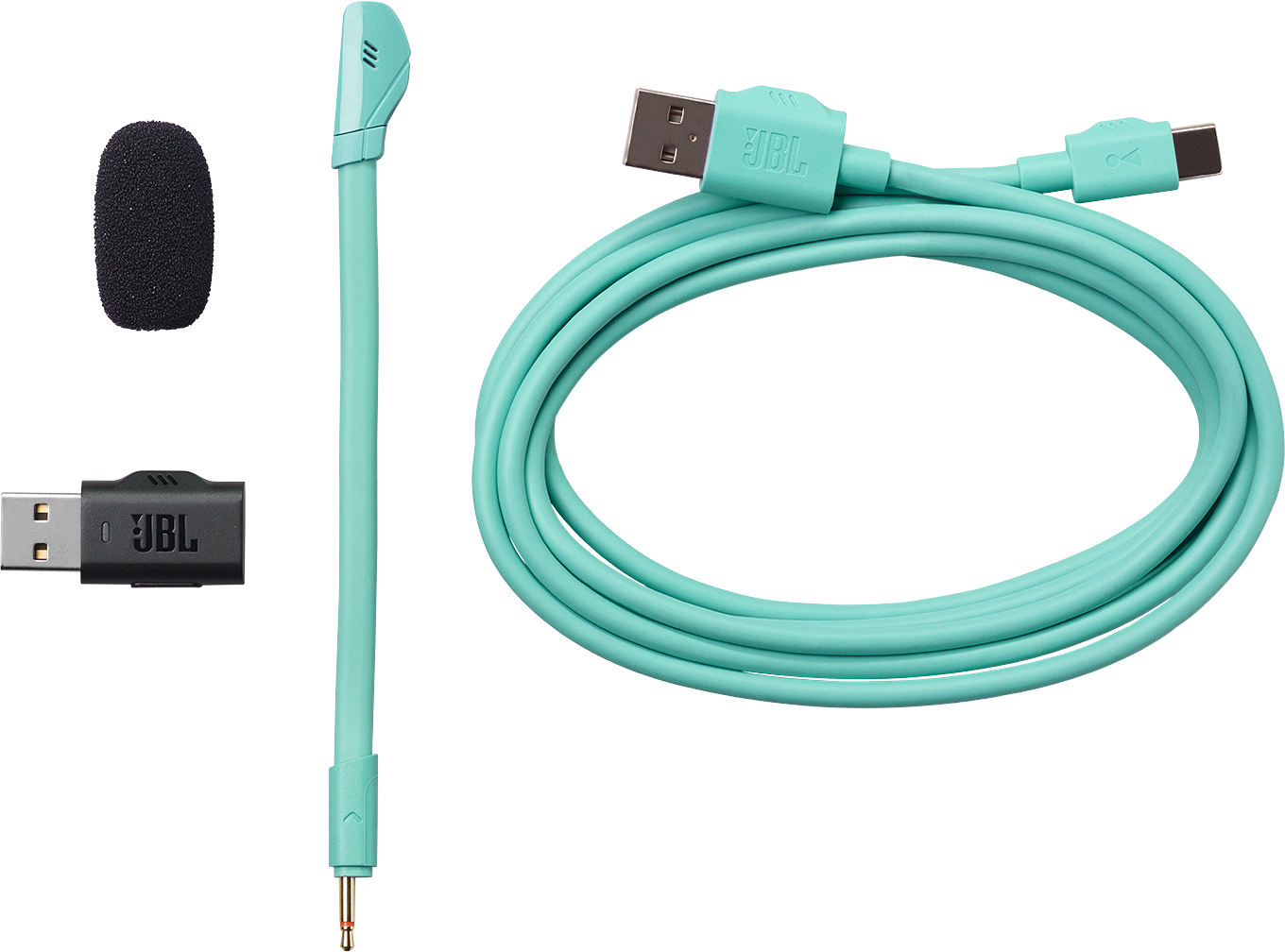 Un cavo turchese con connettori USB-A e USB-C, un piccolo accessorio microfono.