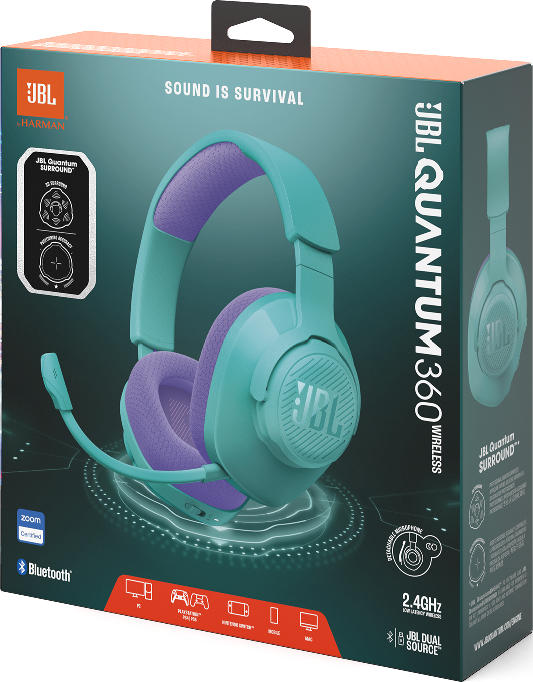 Scatola per cuffie wireless JBL Quantum 360 in turchese e viola.