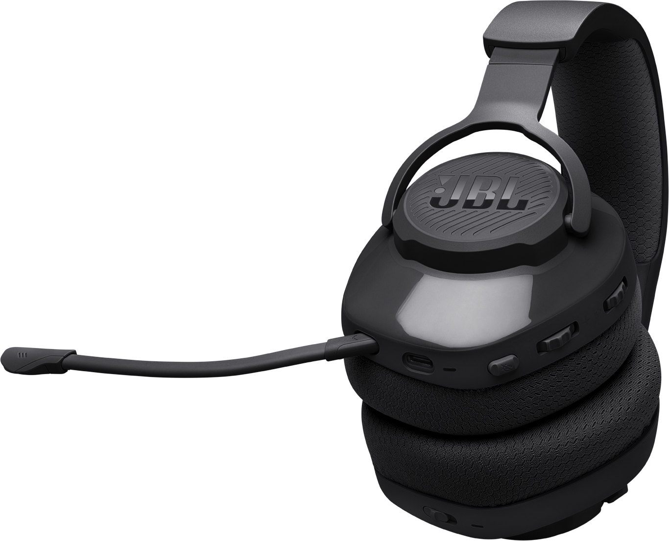 Cuffie JBL nere con microfono e controlli, su sfondo nero.