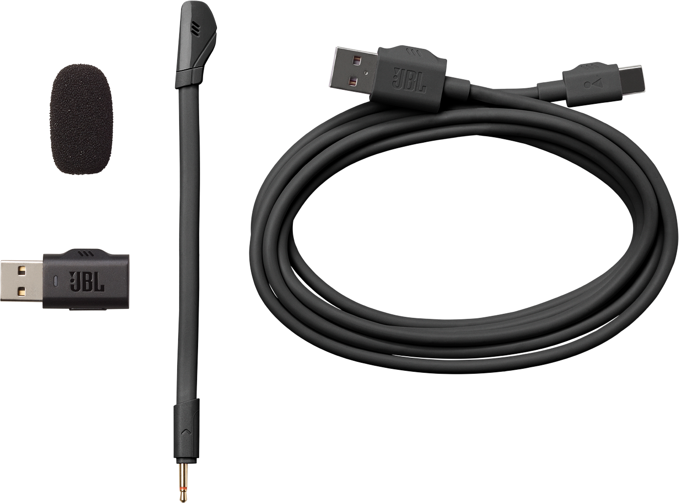 Accessori per cuffie neri: microfono, cavo con connettori USB-A e USB-C.