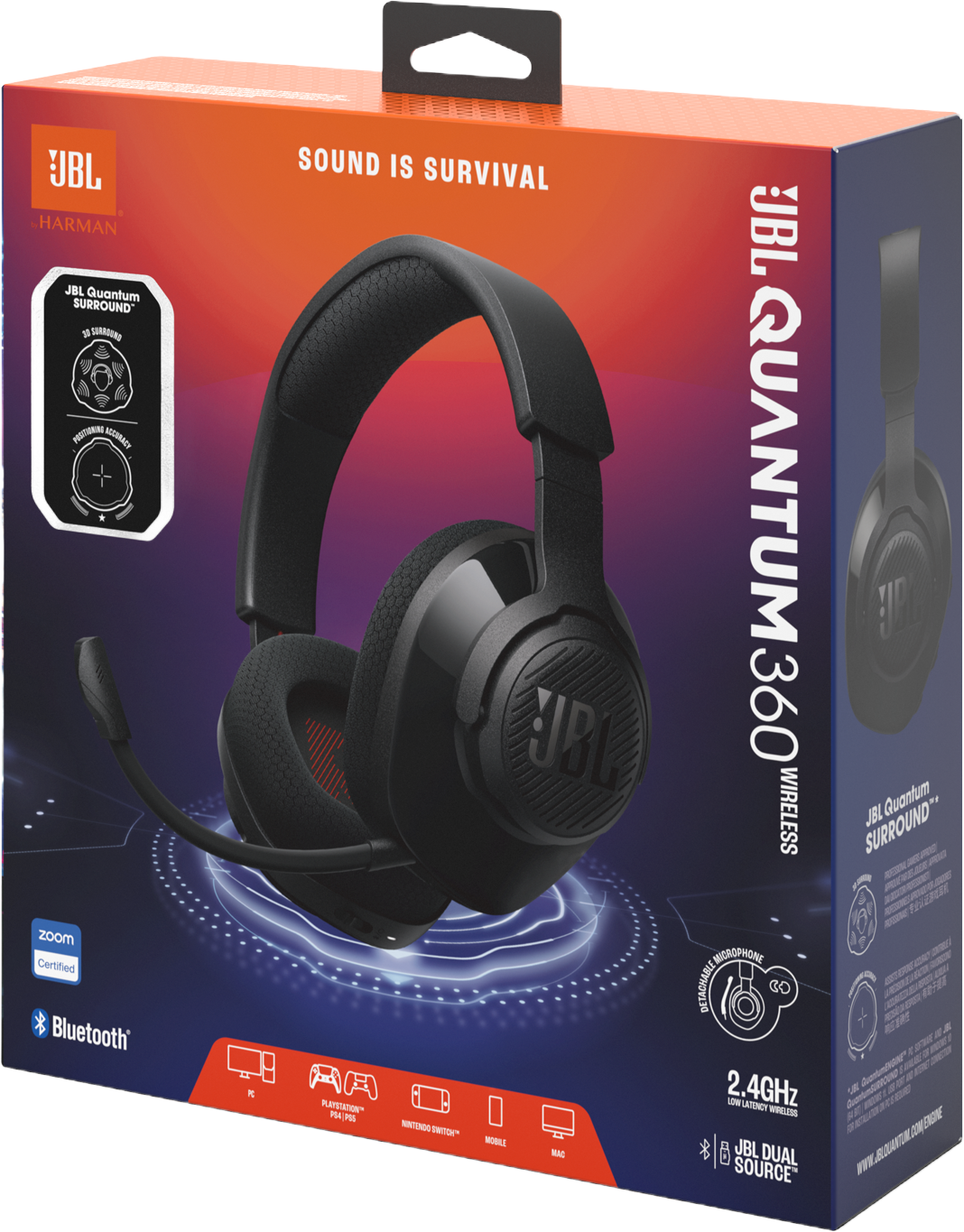 Cuffie wireless JBL Quantum 360 su una scatola colorata con testo.