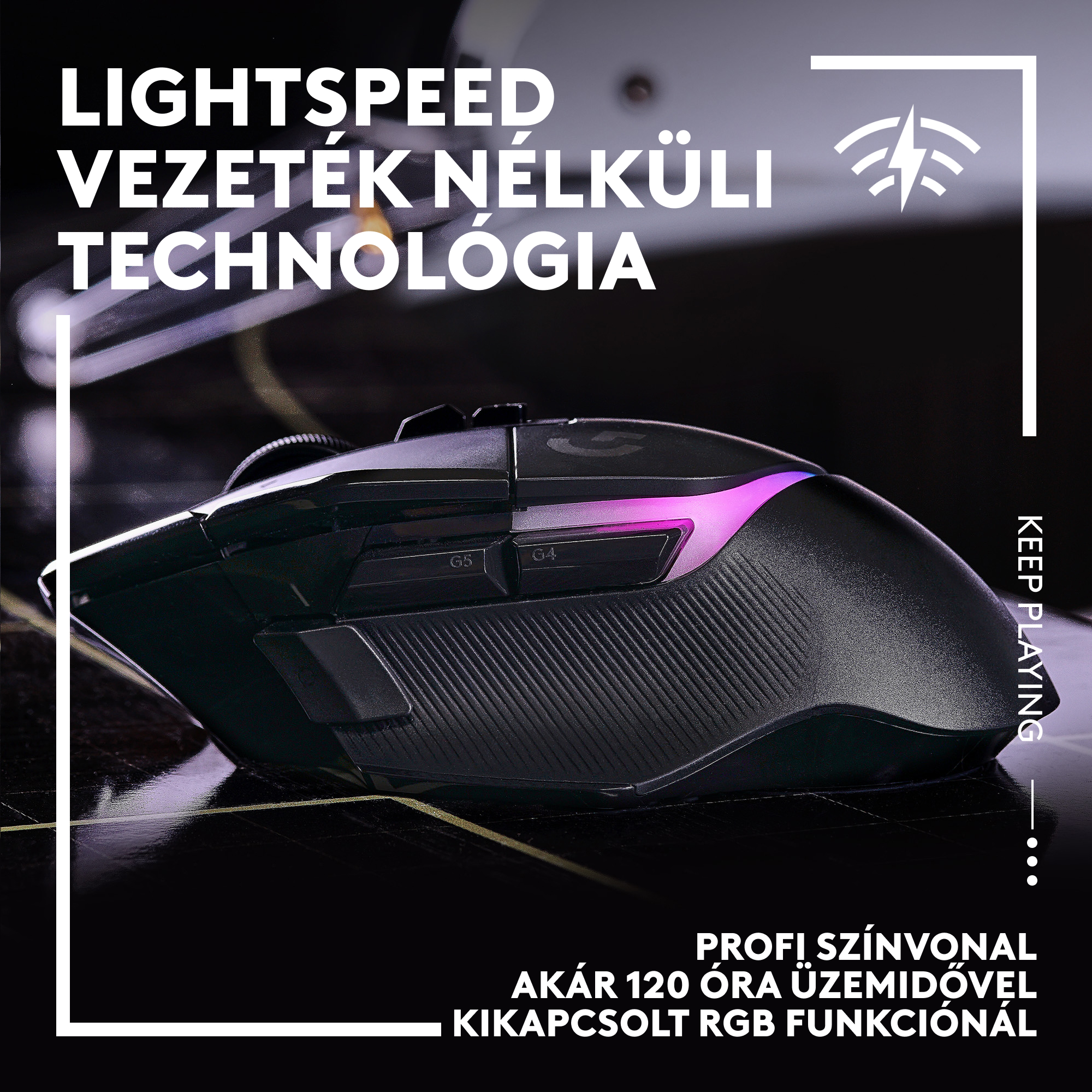 Fekete gamer egér lila világítással és magyar szöveggel.