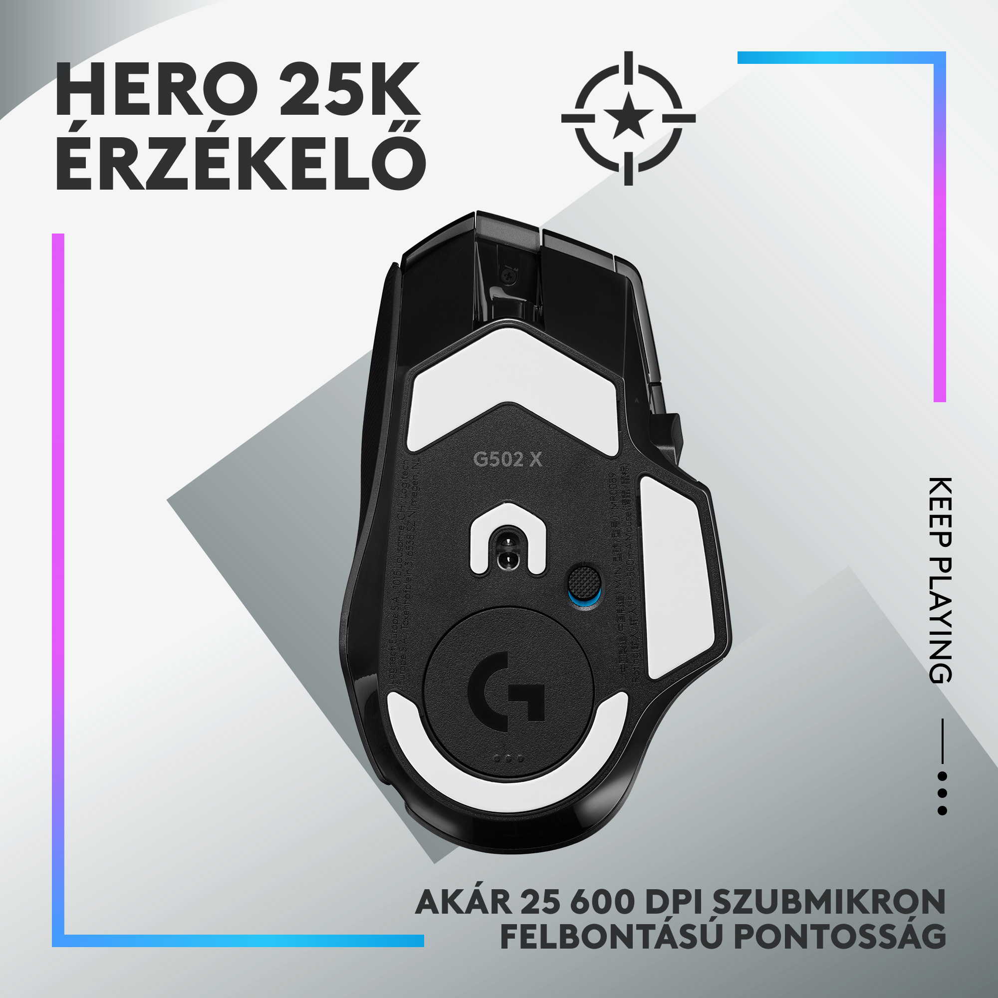Fekete Logitech G502 X egér alja, 25K érzékelővel.