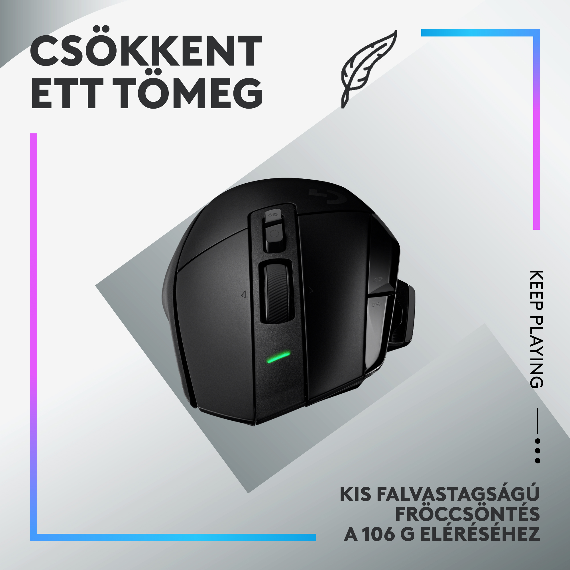 Fekete gamer egér görgővel és zöld LED-del. Könnyű súlyról szóló szöveg.
