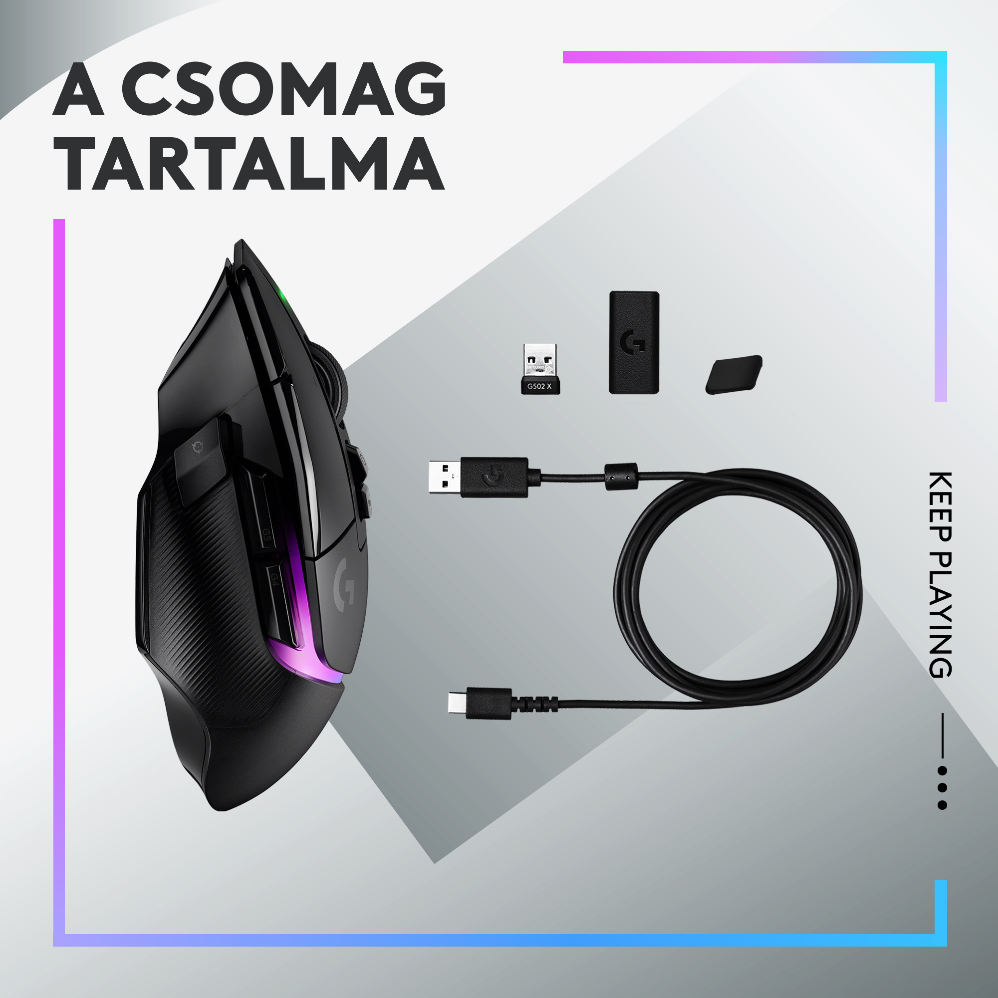 Fekete gamer egér tartozékokkal: USB kábel, adapter és gomb.