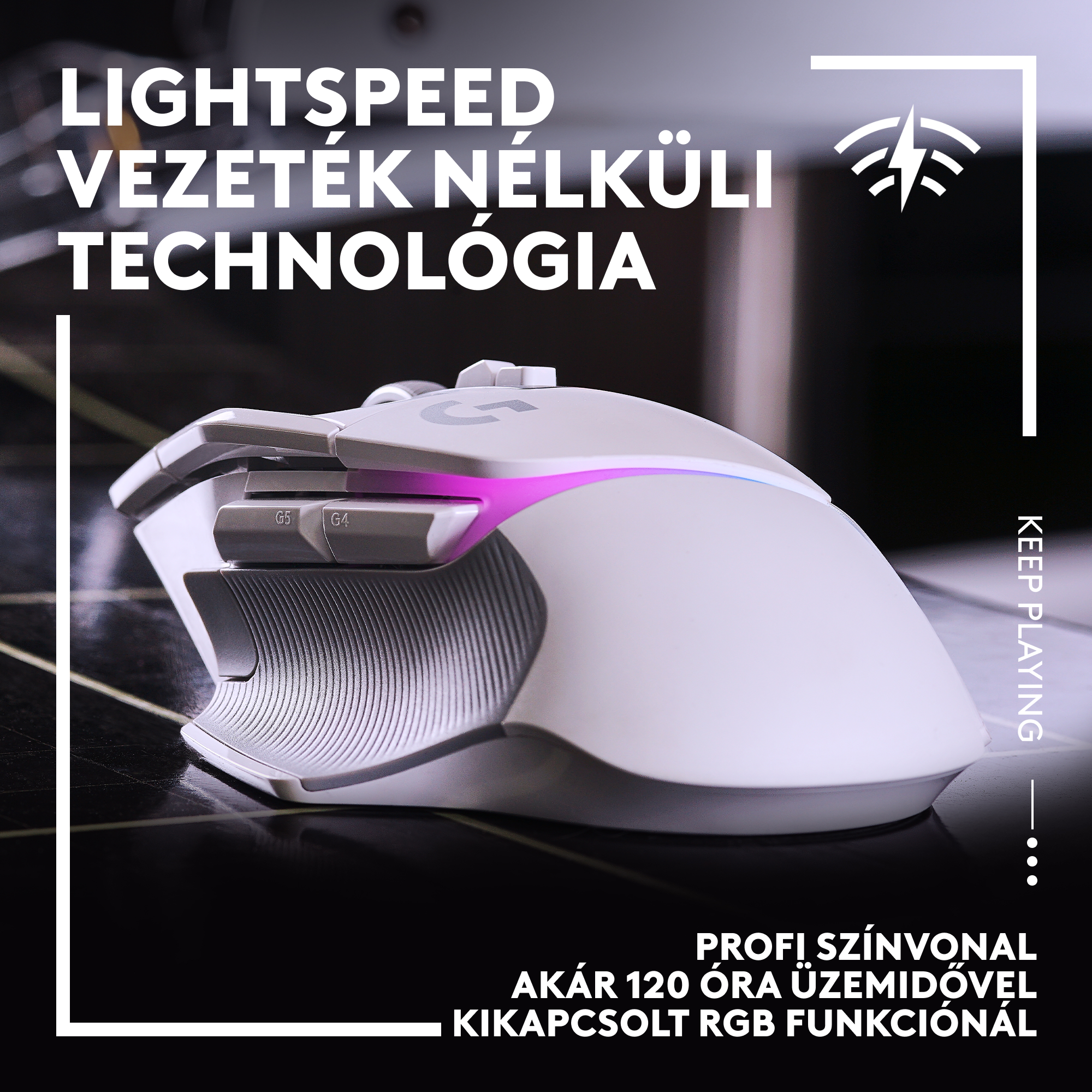 Fehér vezeték nélküli gamer egér rózsaszín világítással és gombokkal.