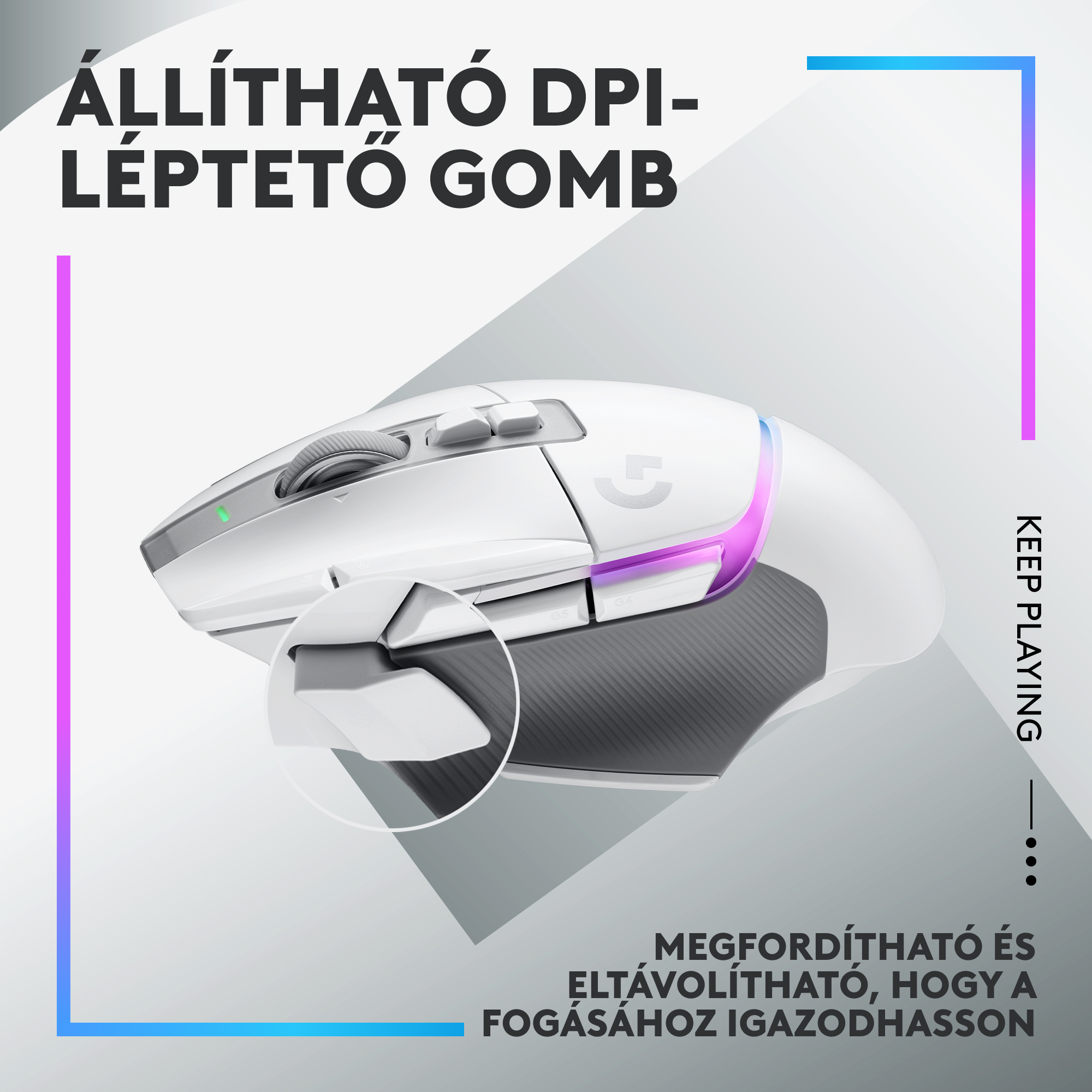 Fehér gamer egér állítható DPI-vel és G logóval. Világító csík és szöveg.