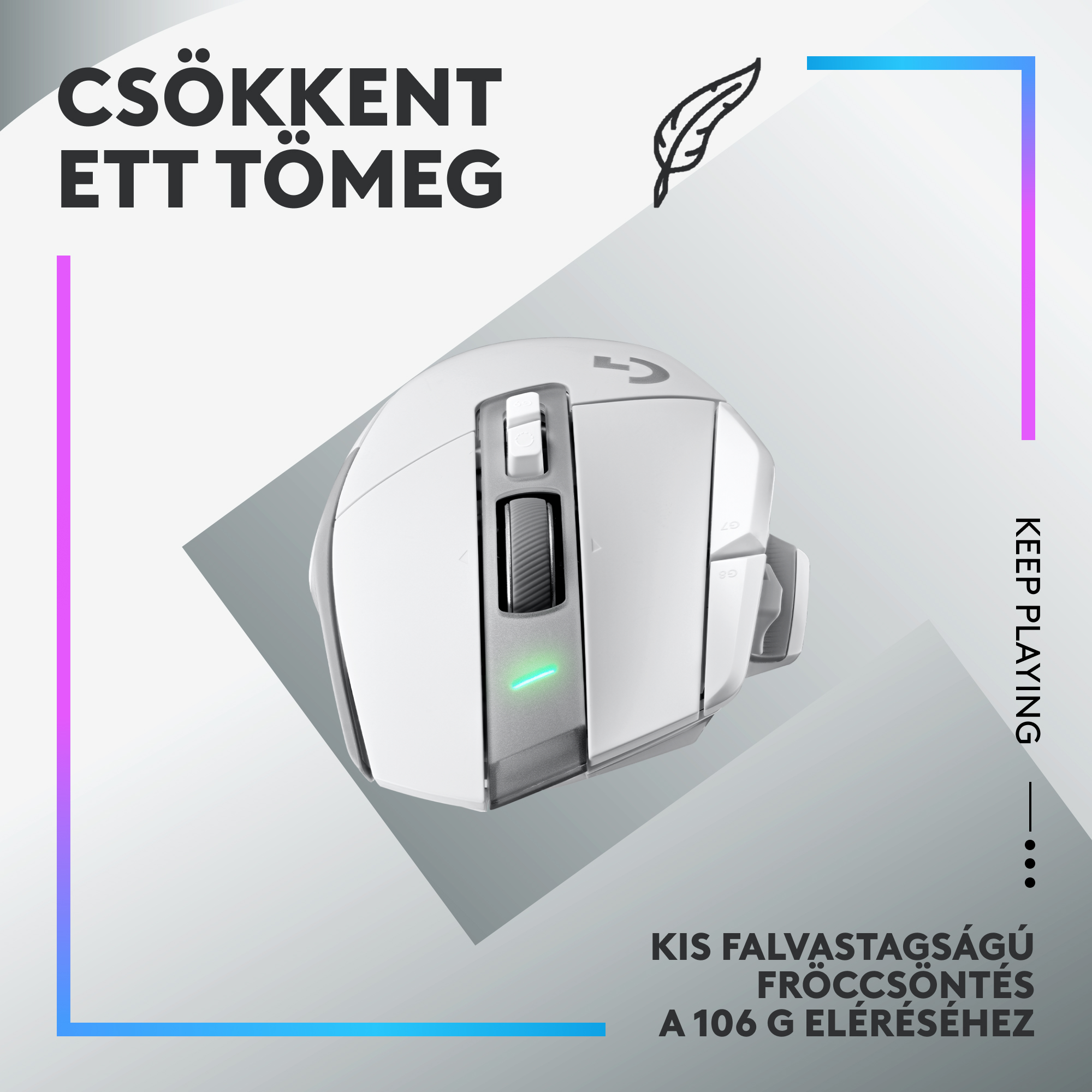 Fehér gamer egér görgetőkerékkel és zöld LED-del, alacsony súlyról szóló szöveggel.