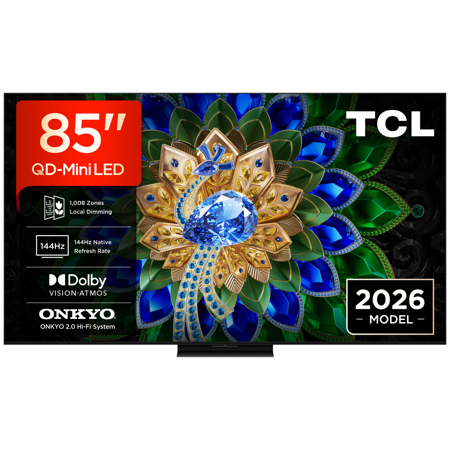 TV TCL 85" QD-Mini LED avec 144Hz, Dolby Vision, audio Onkyo et design paon.