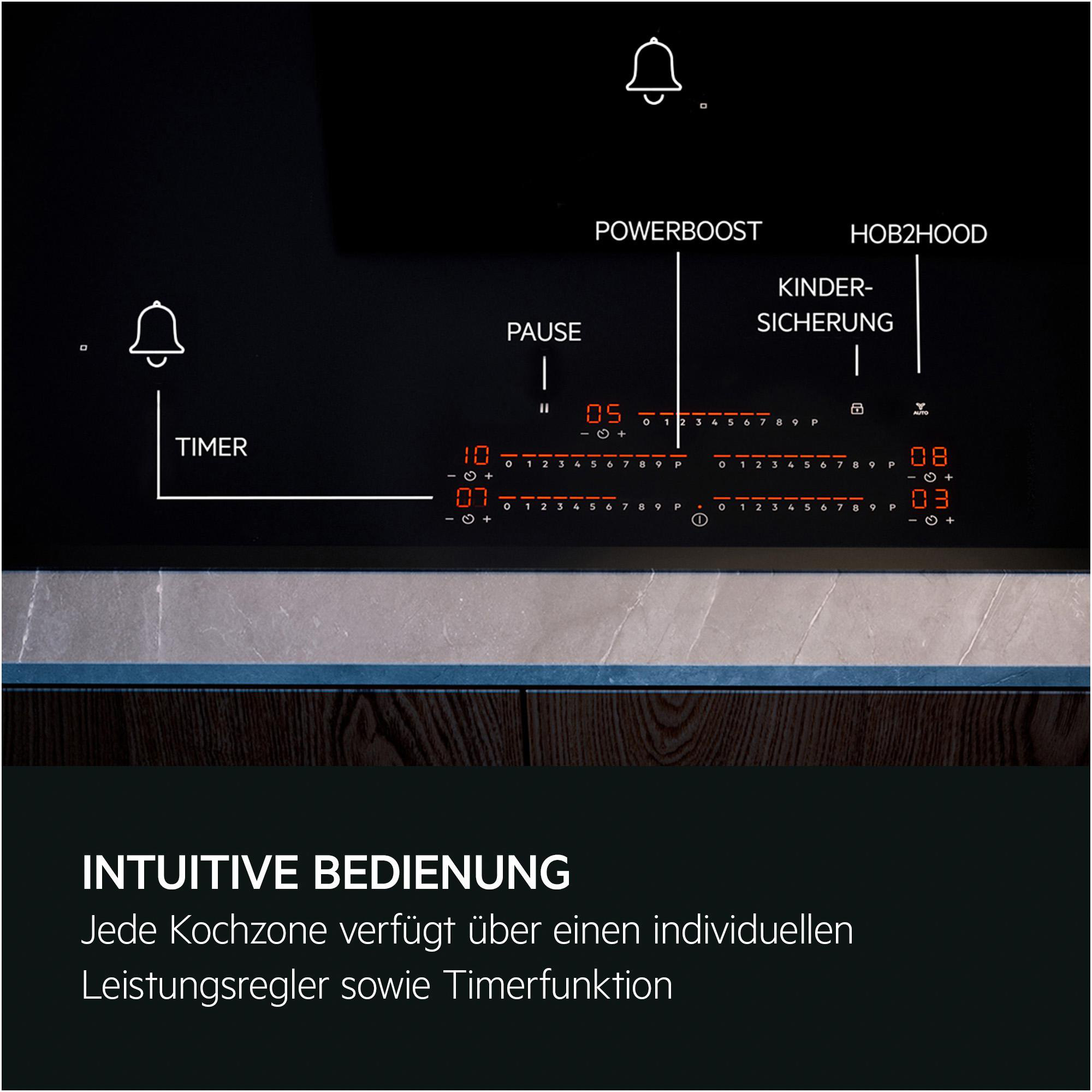 Schwarzes Kochfeld mit roten digitalen Anzeigen, Timer, Powerboost, Kindersicherung.