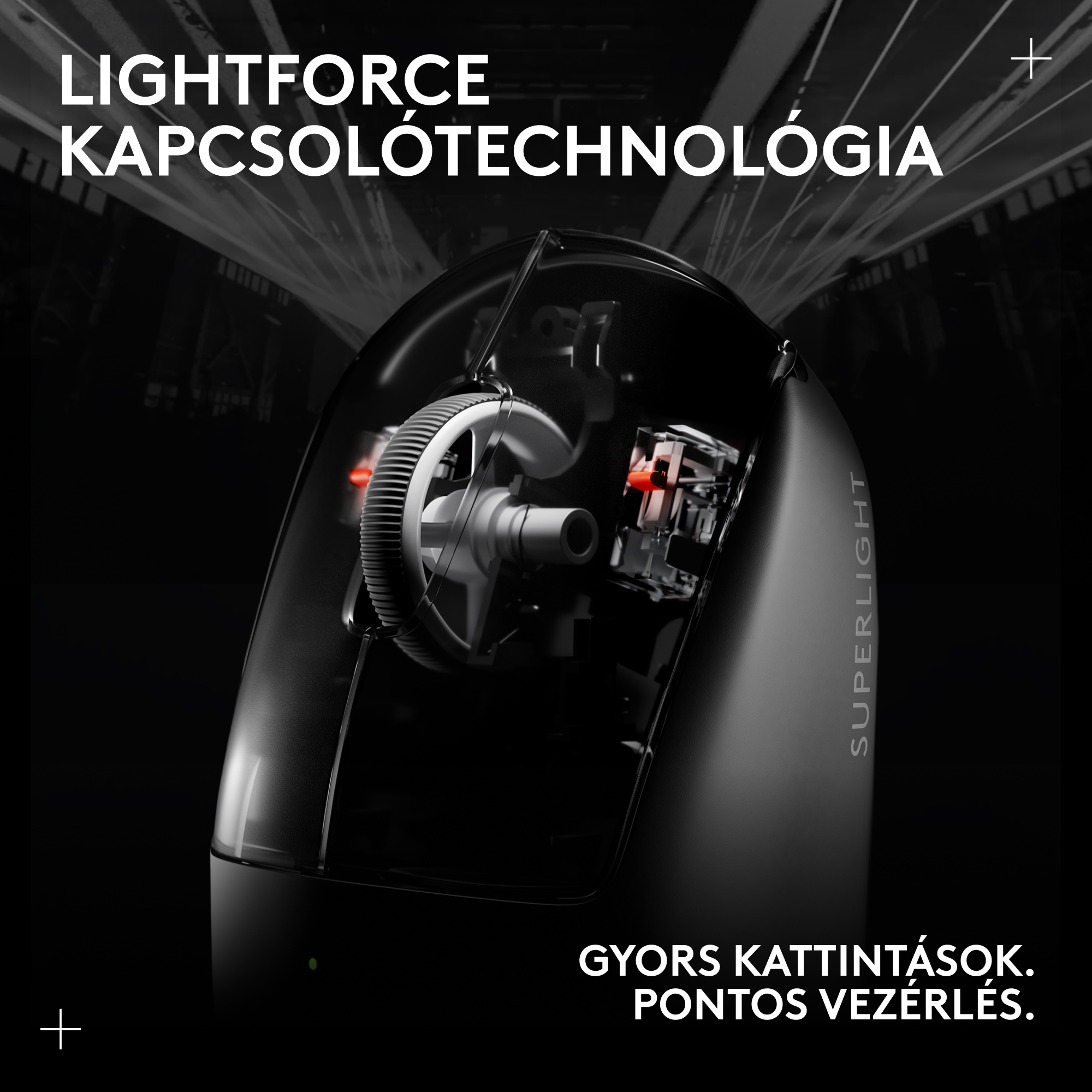 Fekete gamer egér prototípus átlátszó házzal, amely felfedi belső mechanizmusát.