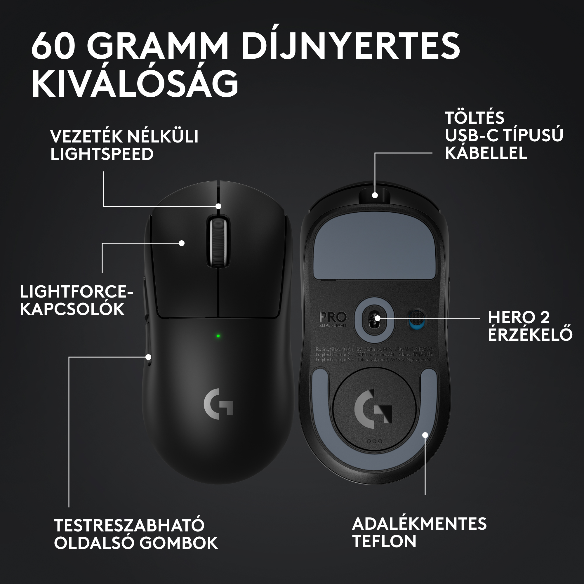 Két fekete Logitech egér felülről és alulról, címkékkel.