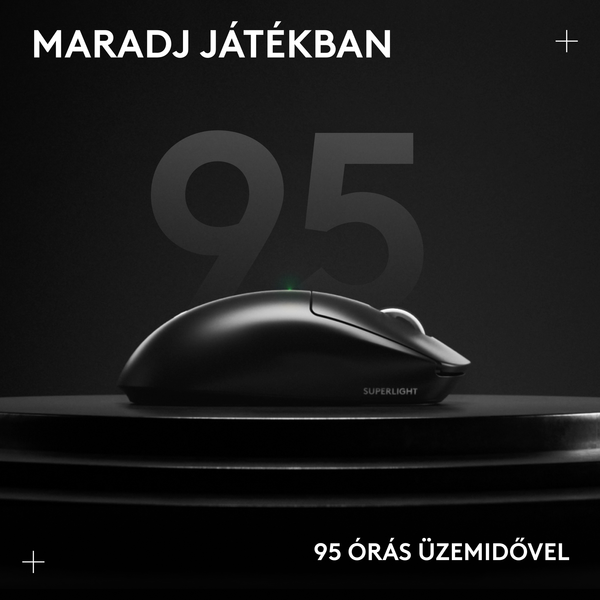 Fekete vezeték nélküli gamer egér "SUPERLIGHT" logóval és zöld LED-del.