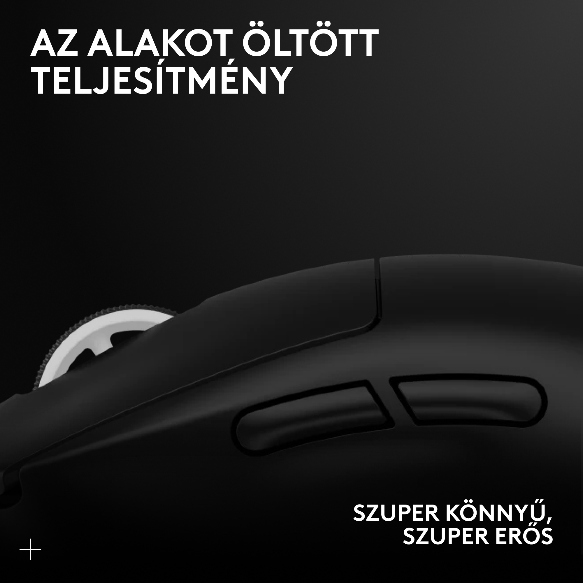Fekete egér fehér görgővel és gombokkal. Szöveg: Szuper könnyű, szuper erős.