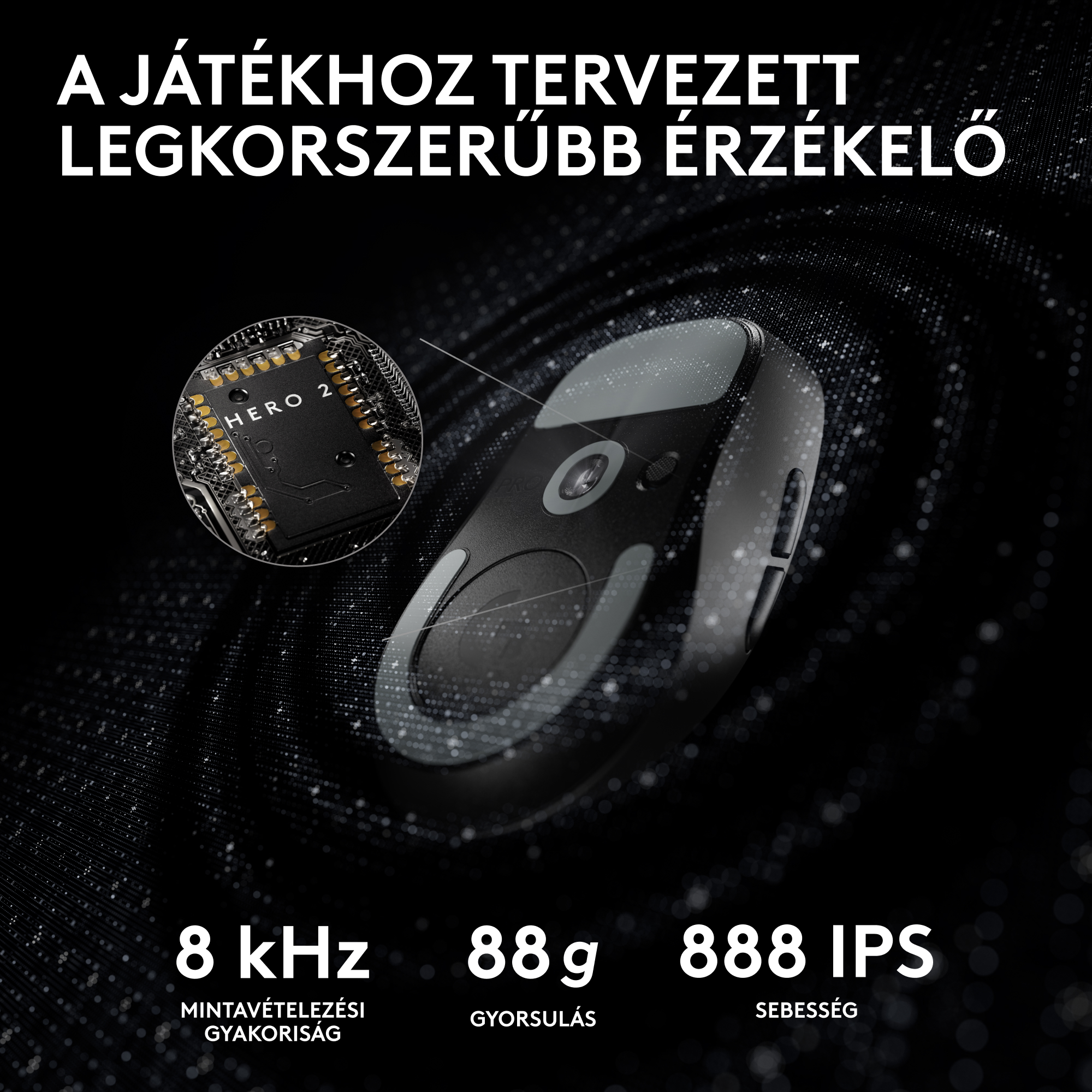 Egy egér HERO 2 szenzorral, 8kHz mintavételezés, 88g súly.