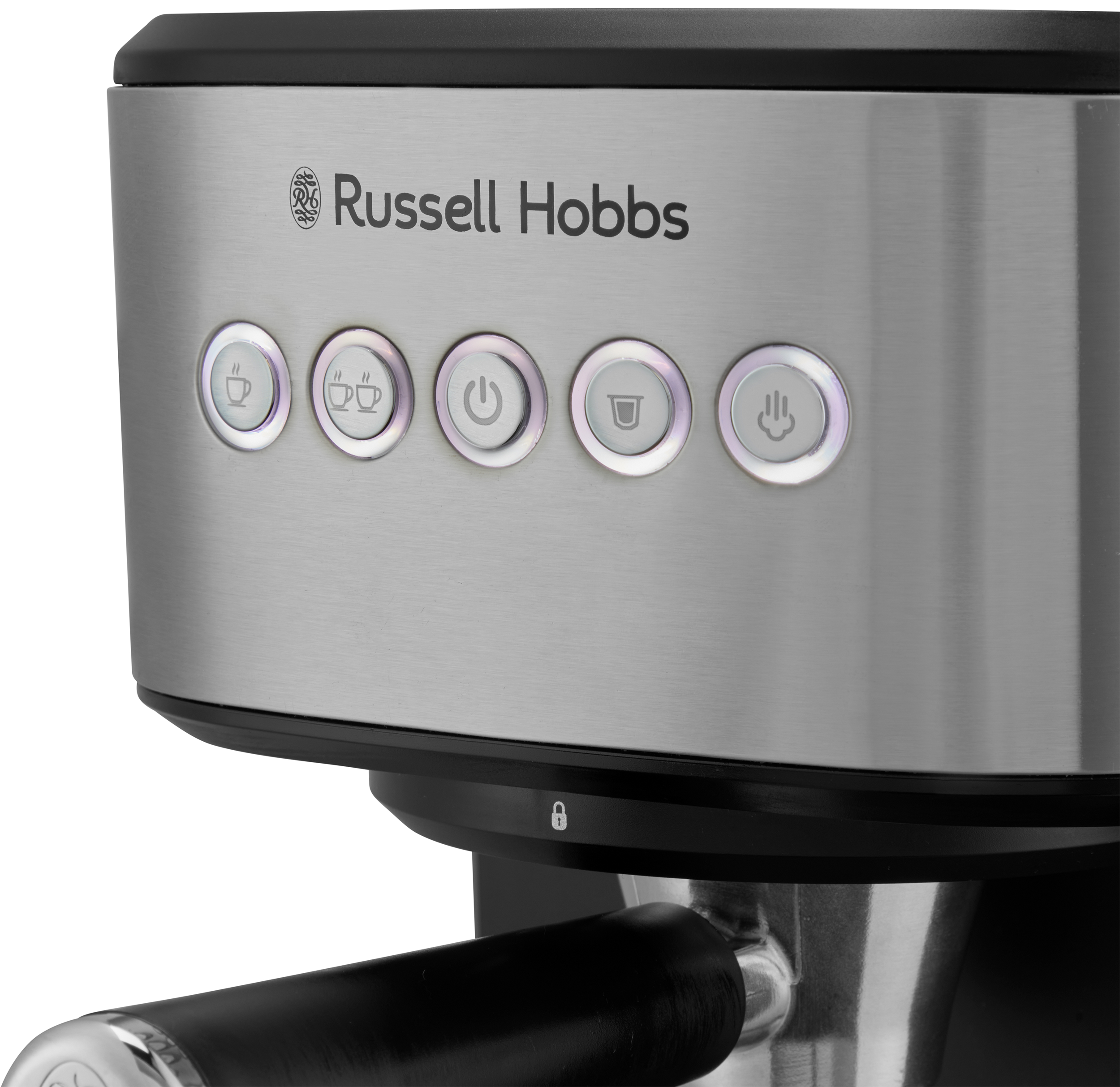 Russell Hobbs kávéfőző gombokkal kávéhoz, bekapcsoláshoz, gőzöléshez.