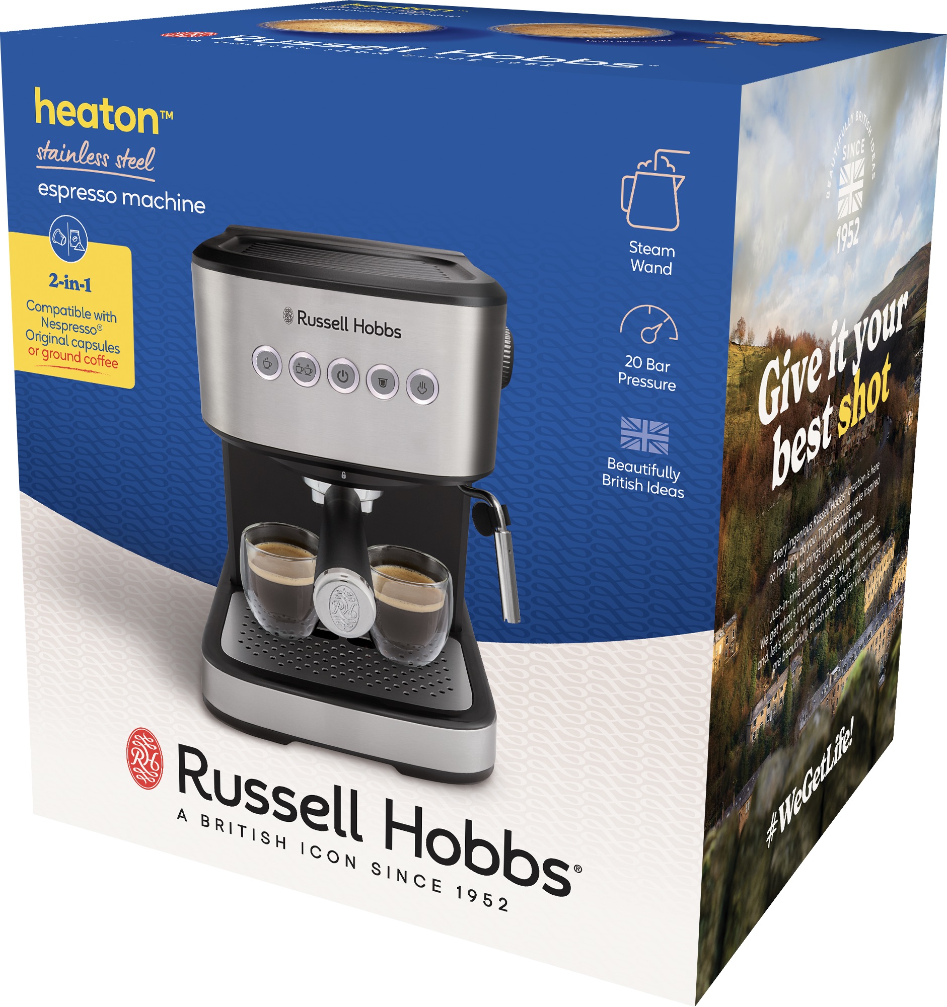 Russell Hobbs eszpresszó gép: Ezüst, fekete, két üvegpohárral. 2 az 1-ben kapszula/kávé.