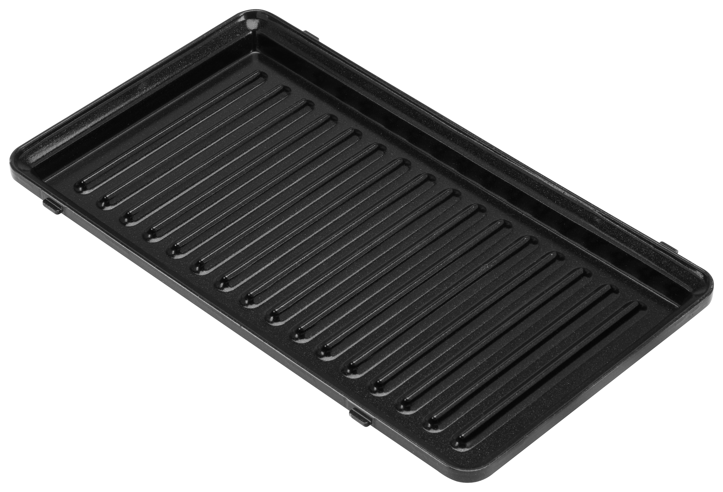 Egy fekete grillserpenyő kiemelkedő bordákkal és sekély peremmel.