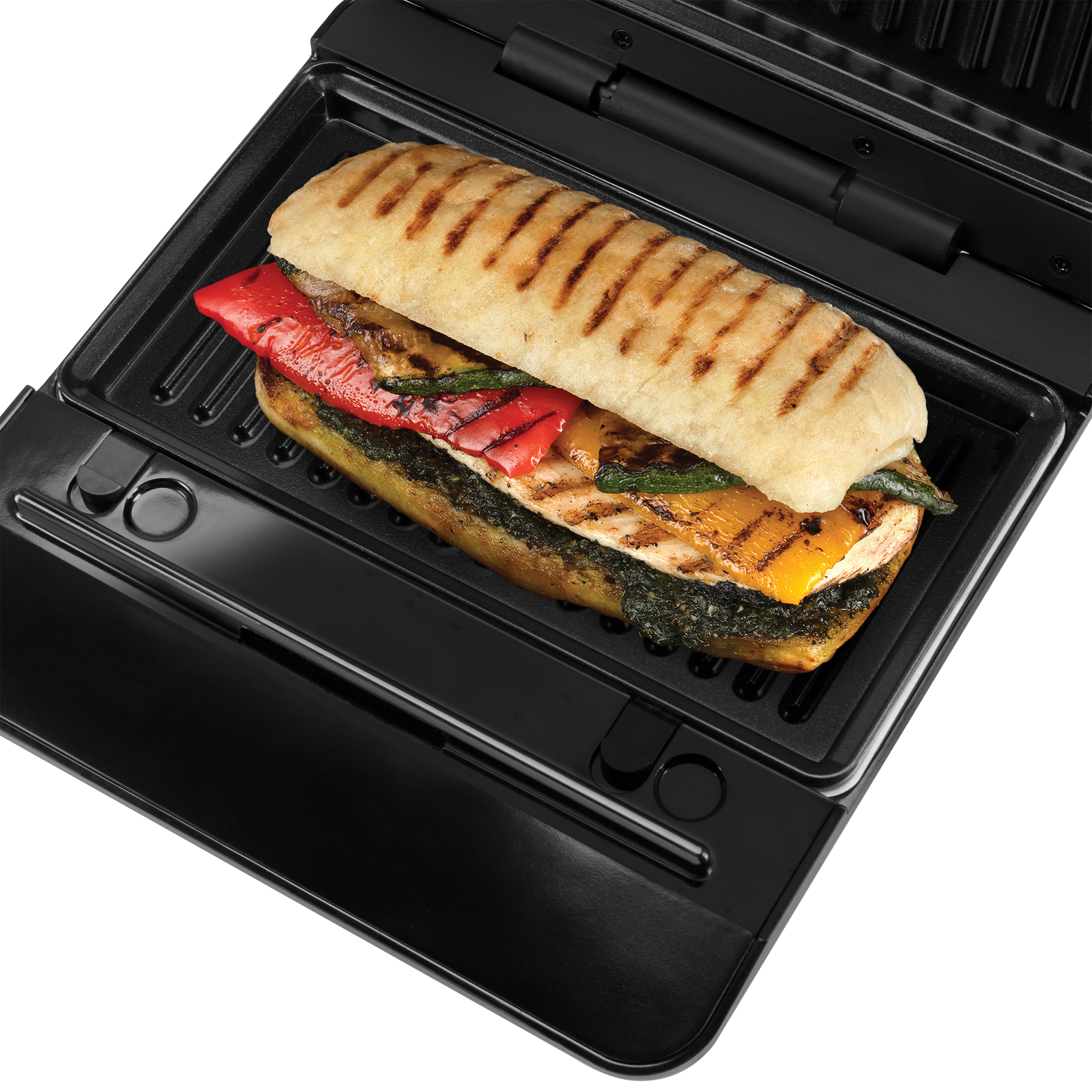 Egy grillezett szendvics paprikával és cukkinival egy kontaktgrillben.