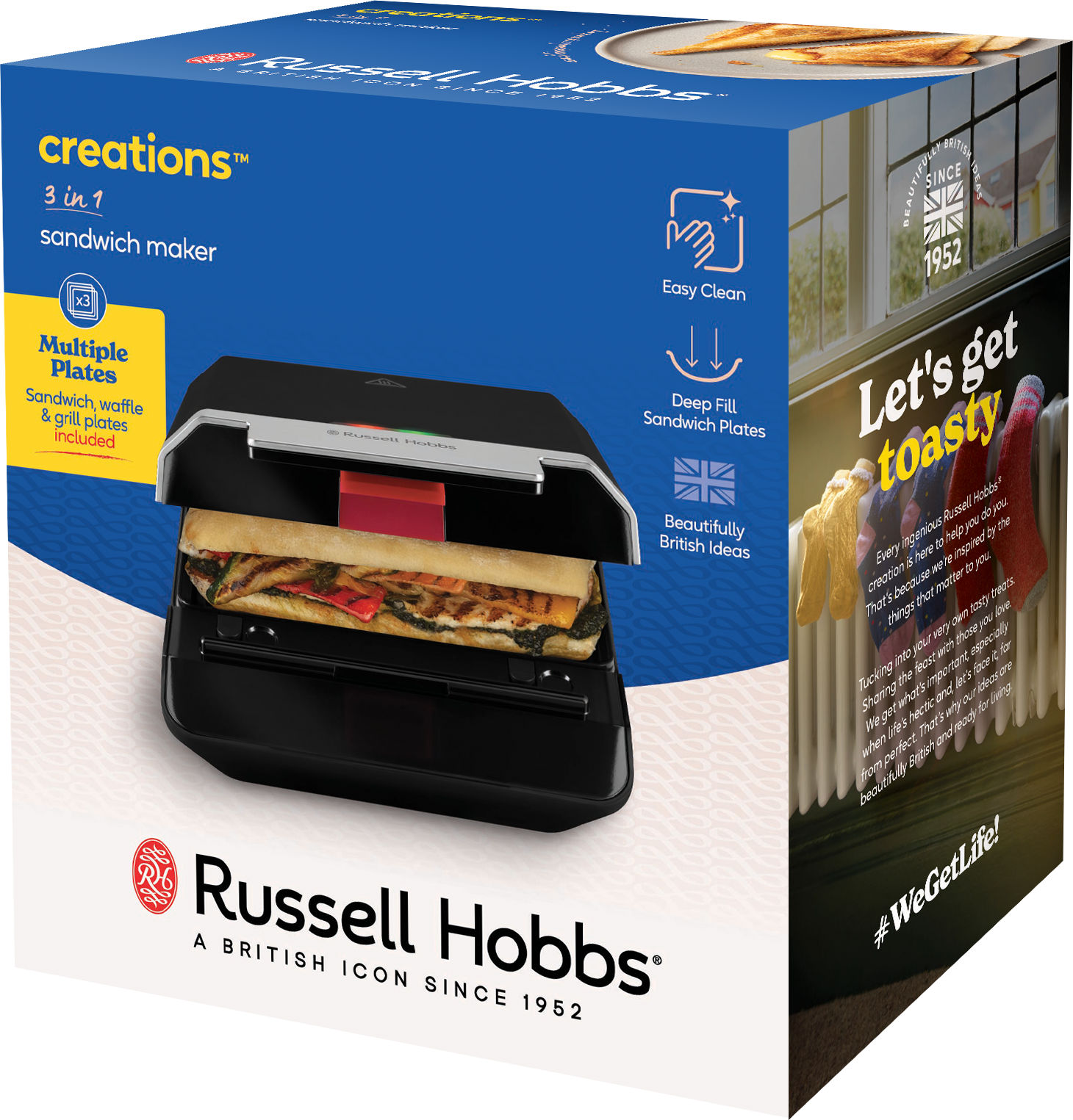 Russell Hobbs 3 az 1-ben szendvicssütő töltött szendviccsel és logóval.