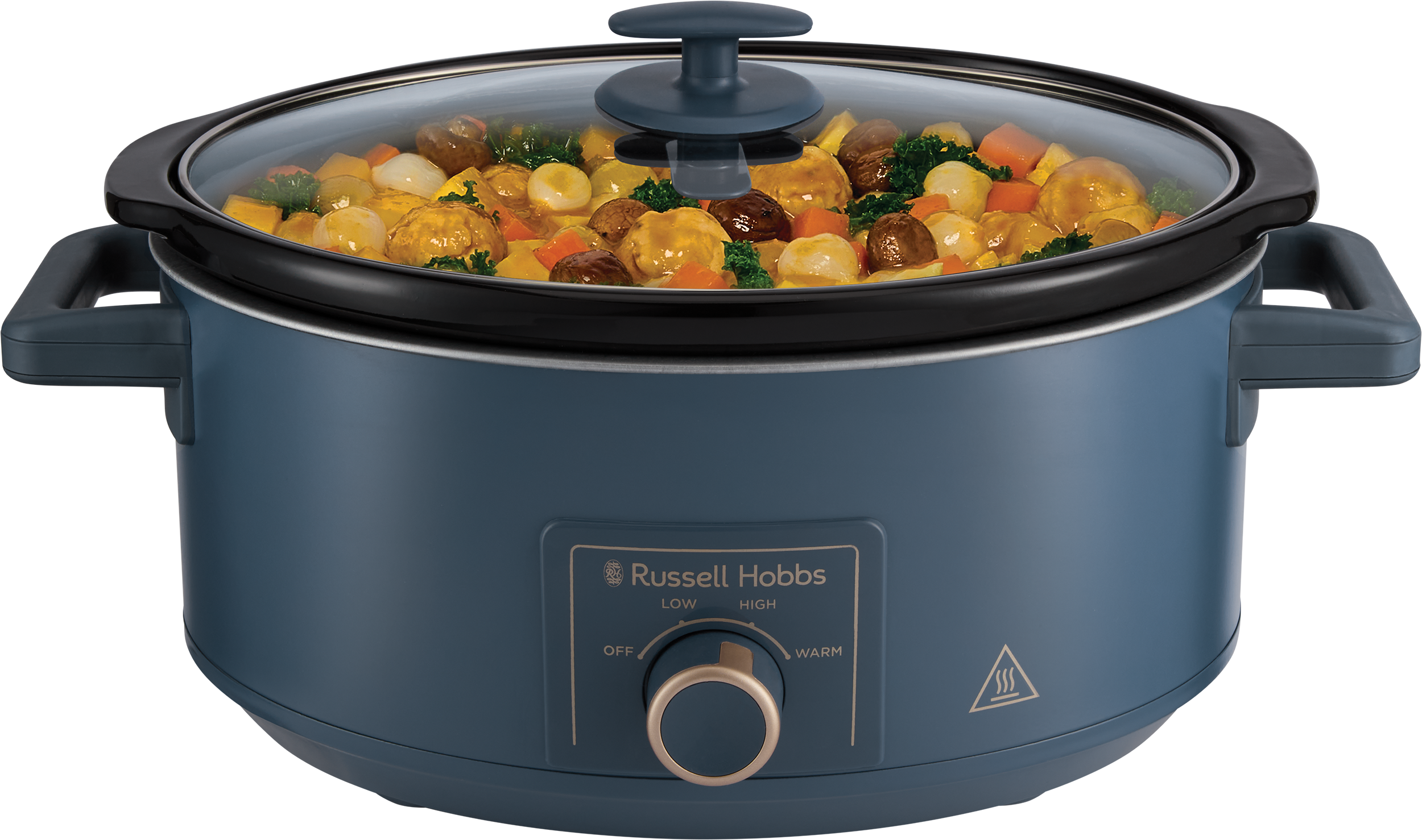 Kék slow cooker üvegfedővel, húsgombócokkal és zöldségekkel.