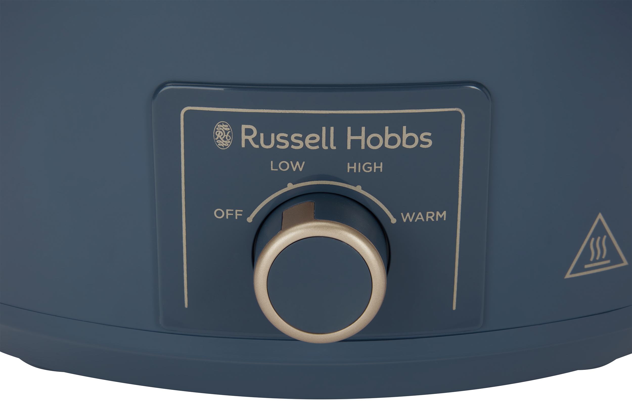 Kék Russell Hobbs készülék OFF, LOW, HIGH, és WARM beállításokkal.