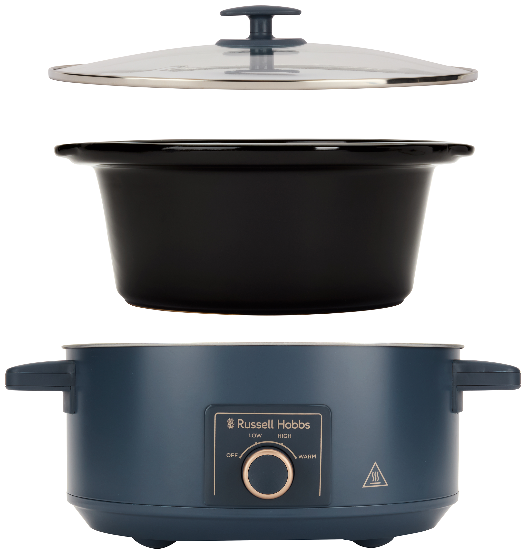 Egy kék Russell Hobbs lassú tűzhely fekete kerámia betéttel és üveg fedővel.
