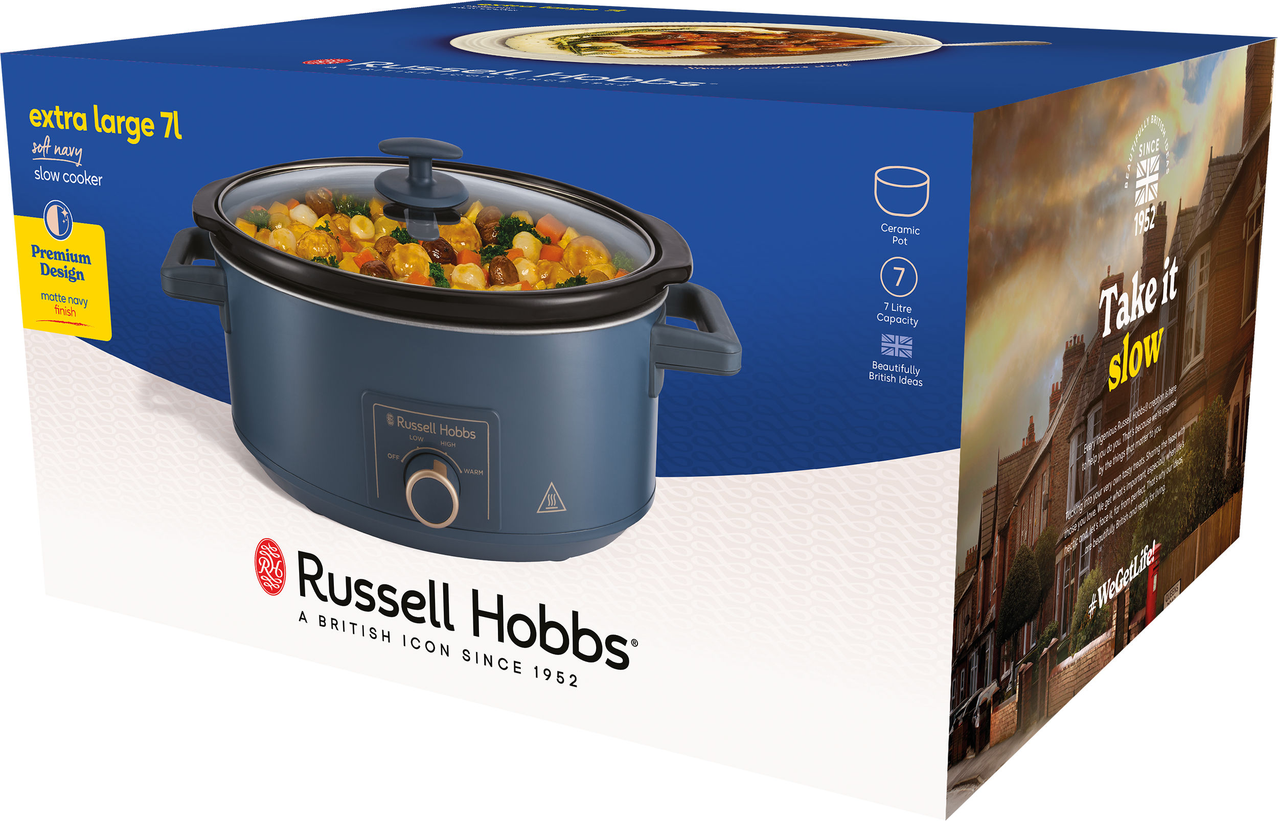 Kék Russell Hobbs lassú főző, étellel, termékrészletekkel ellátott dobozon.