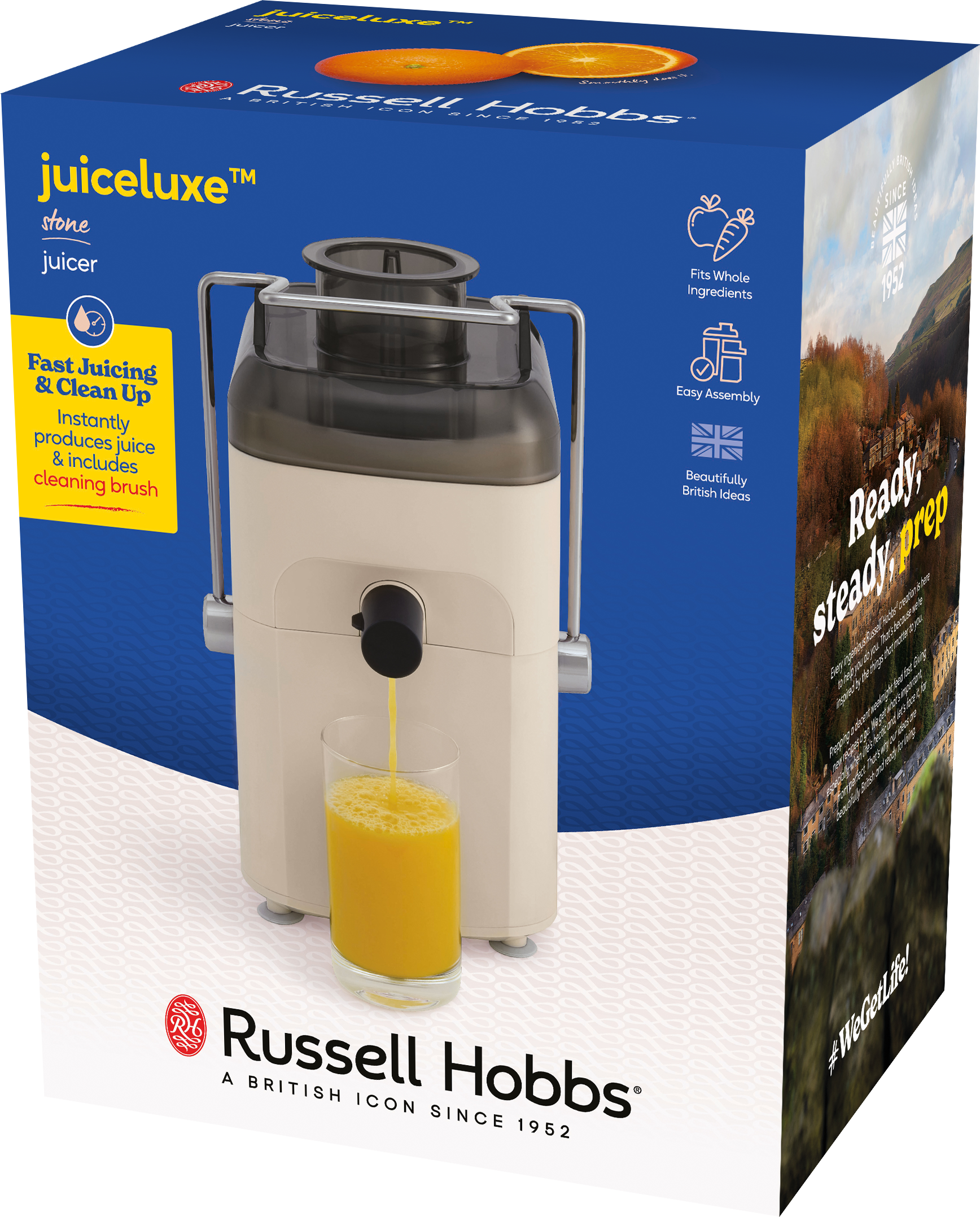 Egy Russell Hobbs gyümölcscentrifuga friss narancslevet készít egy pohárba.